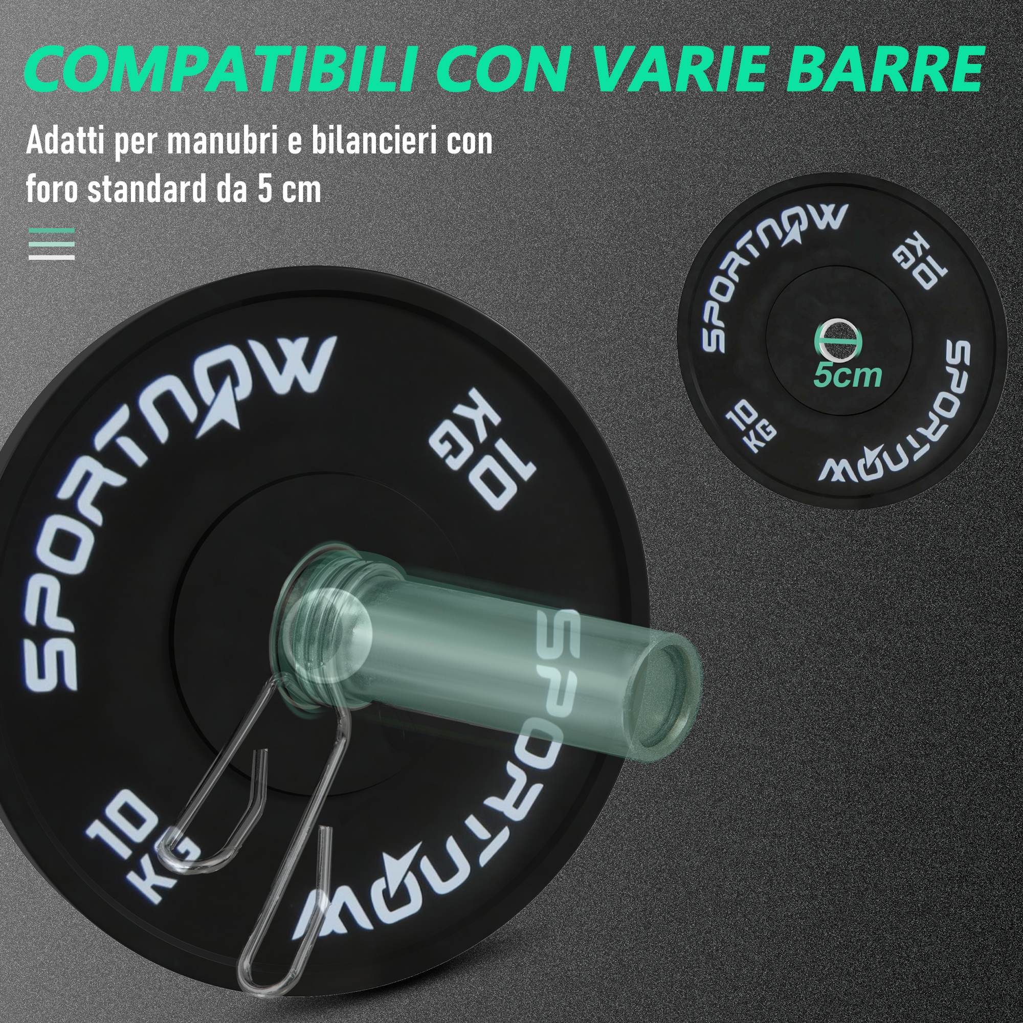 2 Dischi Olimpici Da 5 Kg Per Bilanciere, SPORTNOW, Con Tripla Impugnatura, Diametro 24 Cm, In Acciaio E Gomma Nera
