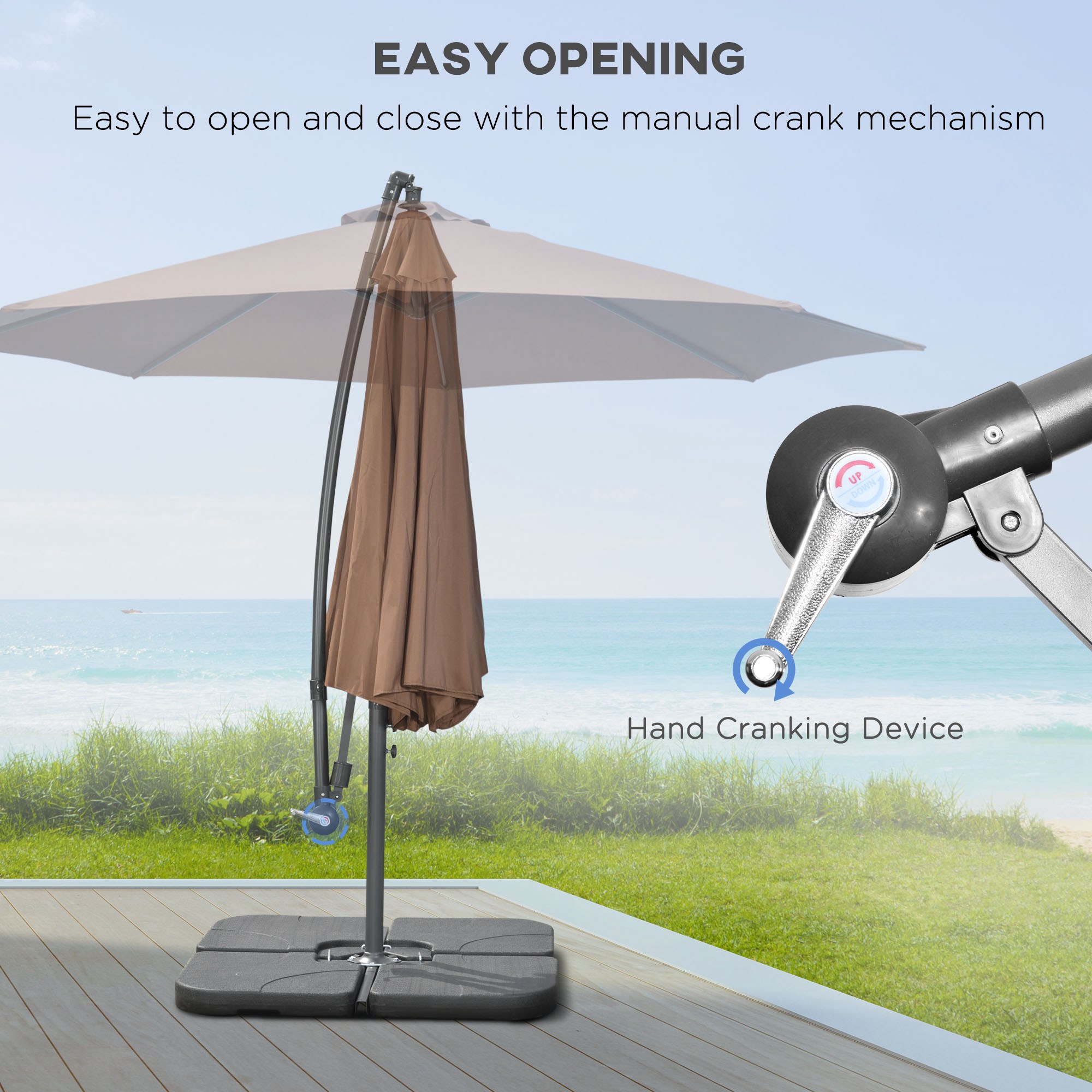Outsunny 3(m) Garden Banana Parasol Cantilever Umbrella with Crank Handle, Cross Base, Weights and Cover for Outdoor, Hanging Sun Shade, Coffee 4