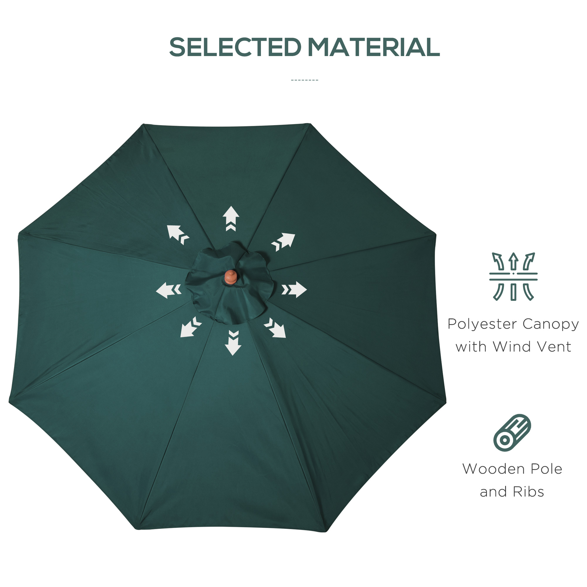 Outsunny 3(m) Wooden Patio Umbrella, Pulley Operated Garden Parasol with Rope Pulley Mechanism and 8 Ribs, Dark Green 4