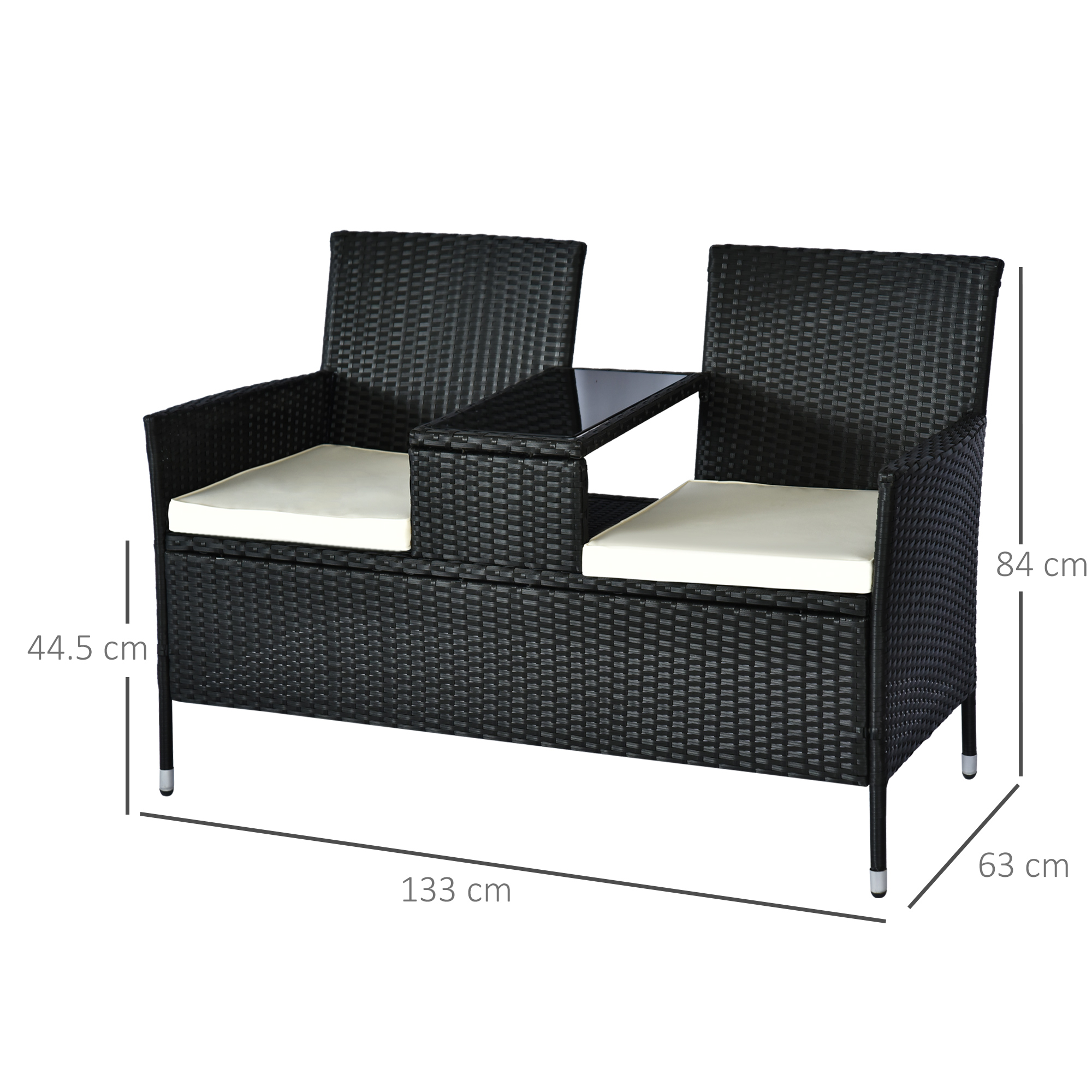 Outsunny 2 Seater Rattan Campanion Chair Wicker Loveseat Outdoor Patio Armchair with Drink Table Garden Furniture Black 3