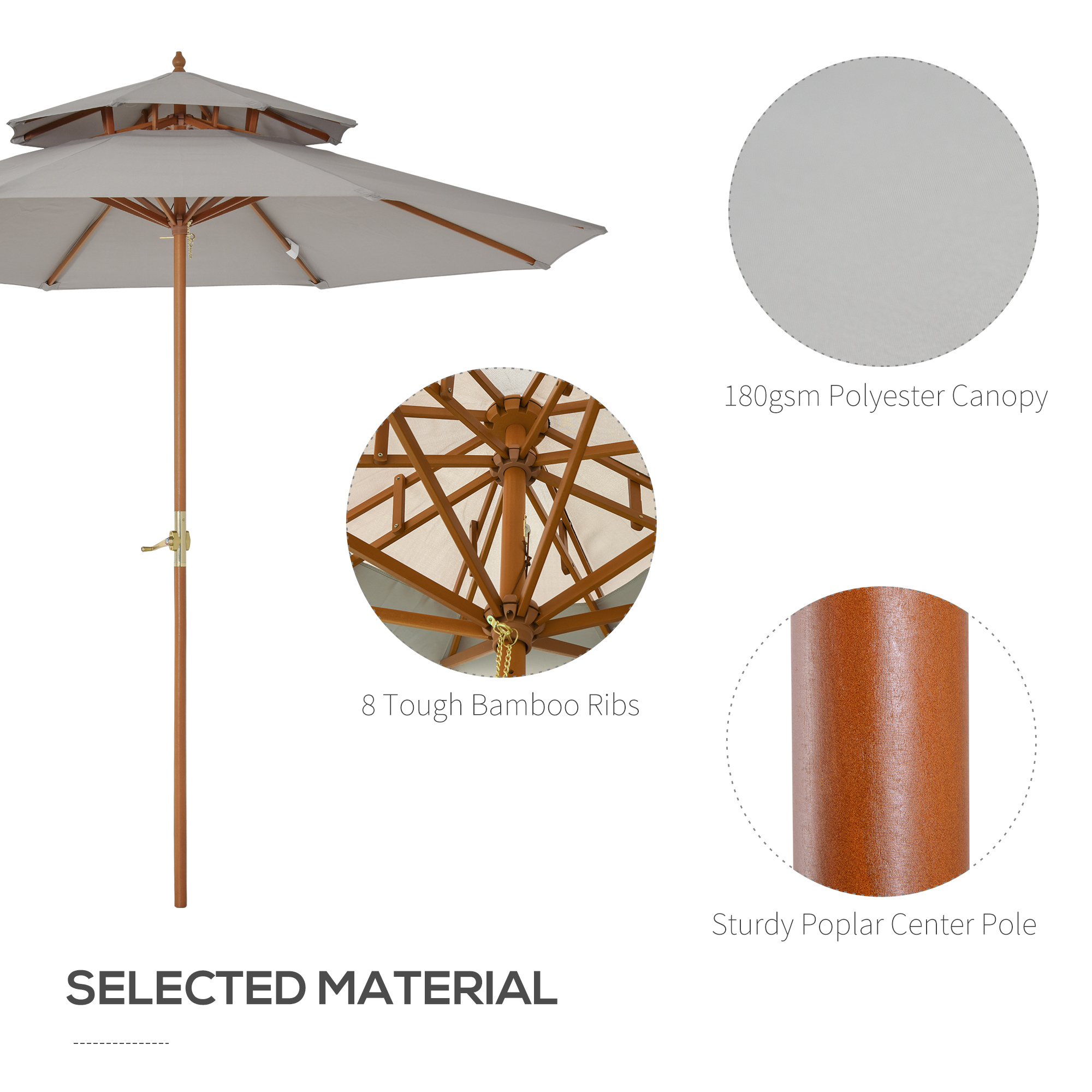 Outsunny 2.7m Elegant Wooden Frame Parasol Umbrella Grey 4
