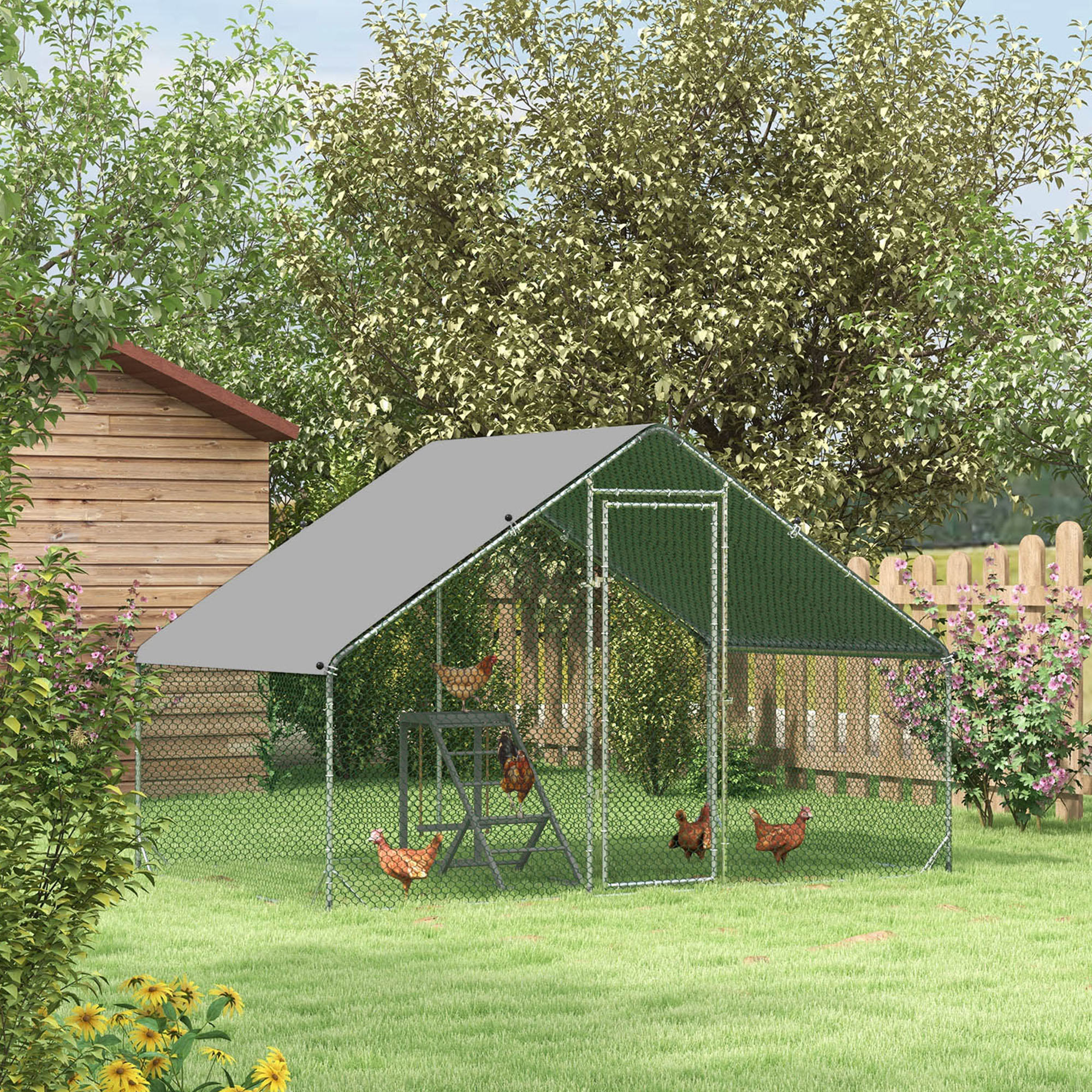 PawHut Chicken Run Galvanised Walk-in Chicken Coop Hen Poultry House Cage Rabbit Hutch Pet Playpen Garden w/ Water-Resist Cover, 3 x 2 x 2m 9