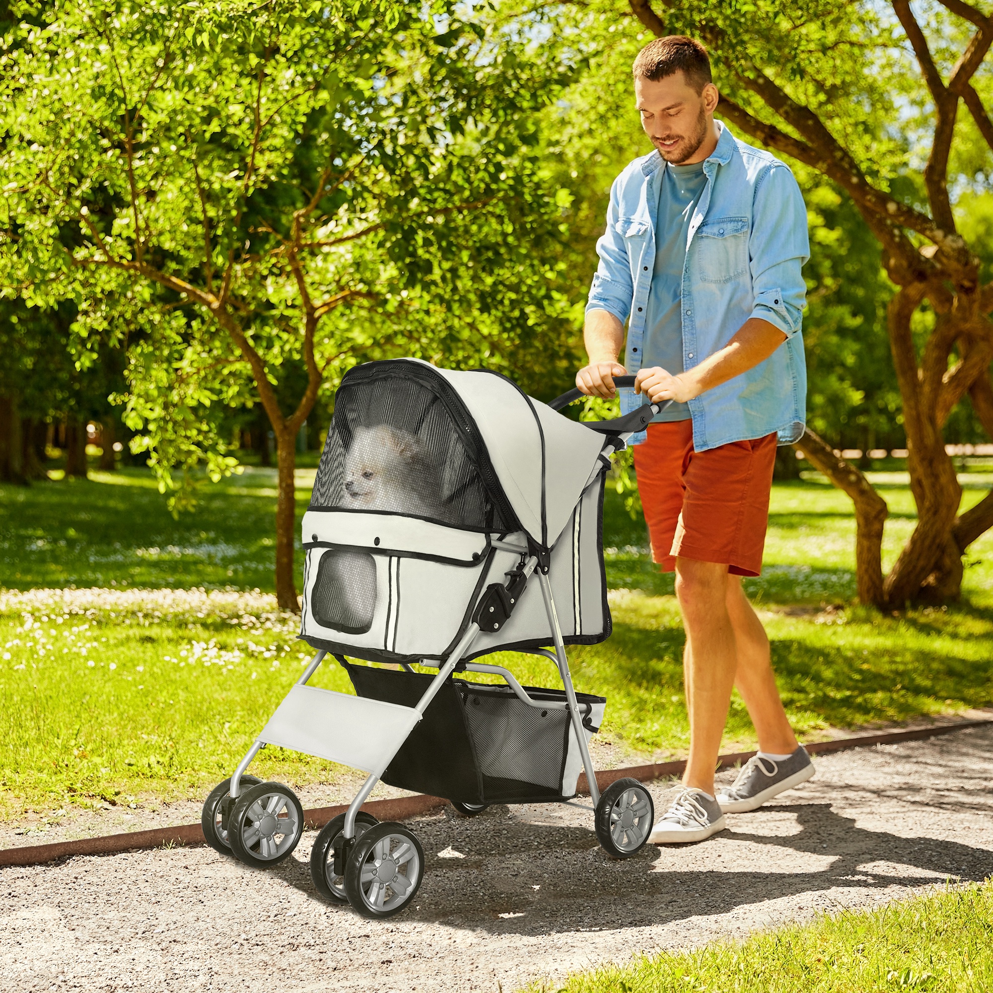 PawHut Pet Stroller for Small Miniature Dogs Cats Foldable Travel Carriage with Wheels Zipper Entry Cup Holder Storage Basket Grey 2