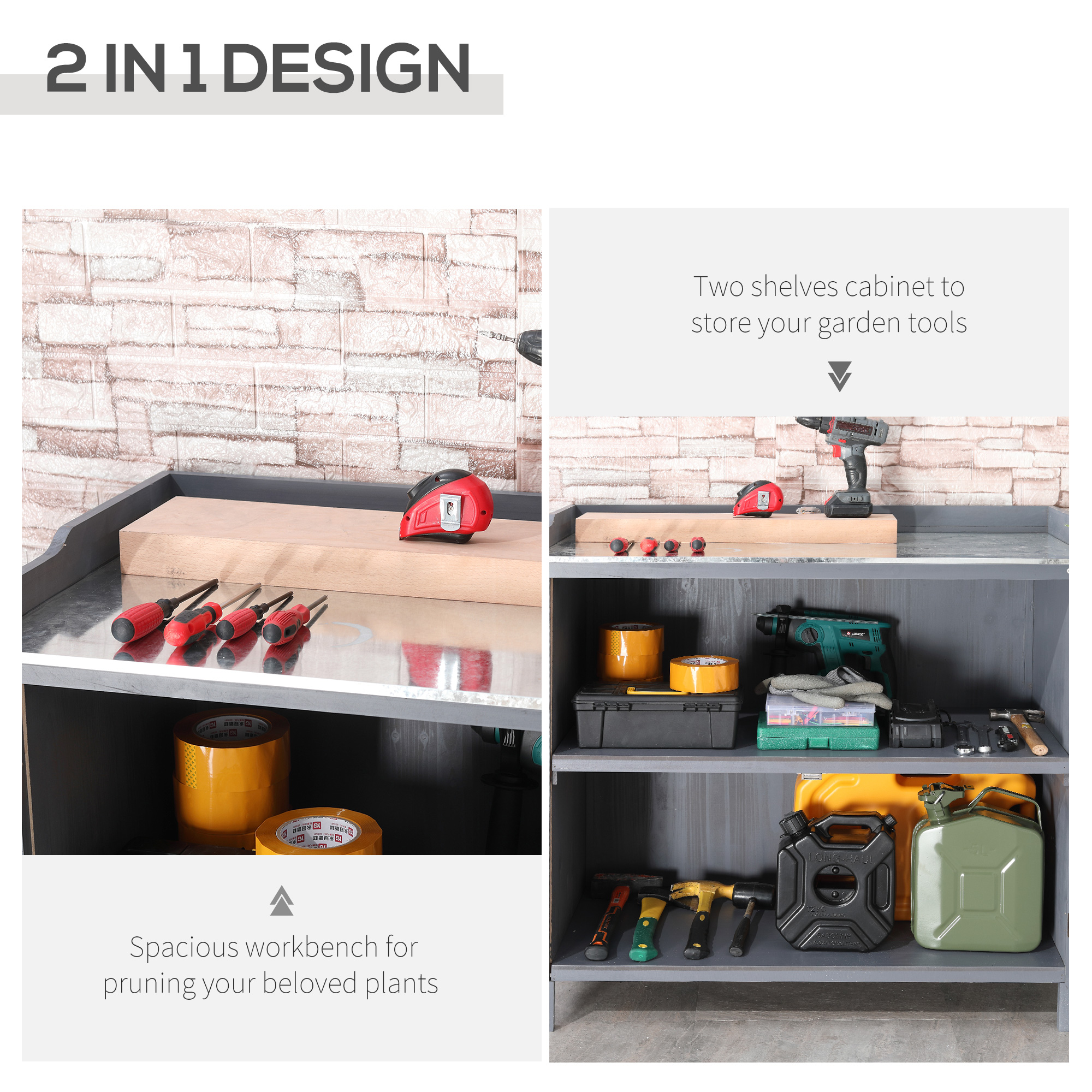 Outsunny Wood Garden Storage Cabinet, Outdoor Tool Shed, Potting Bench Table with Galvanized Top and Two Shelves for Yard Tools or Pool Accessories, Grey 4