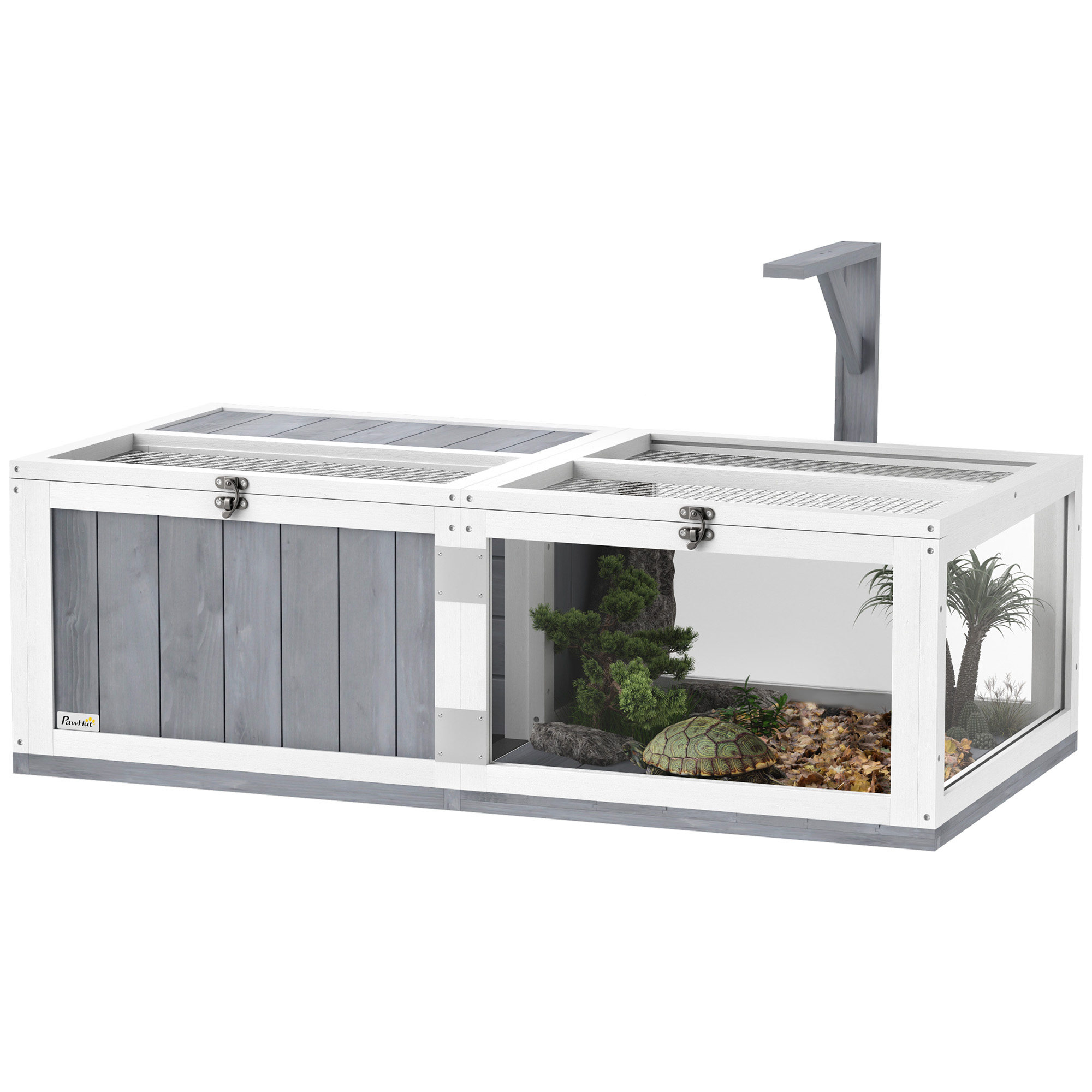 PawHut Wooden Tortoise Enclosure, Tortoise House w/ Lamp Holder, for Outdoor, Indoor, Light Grey