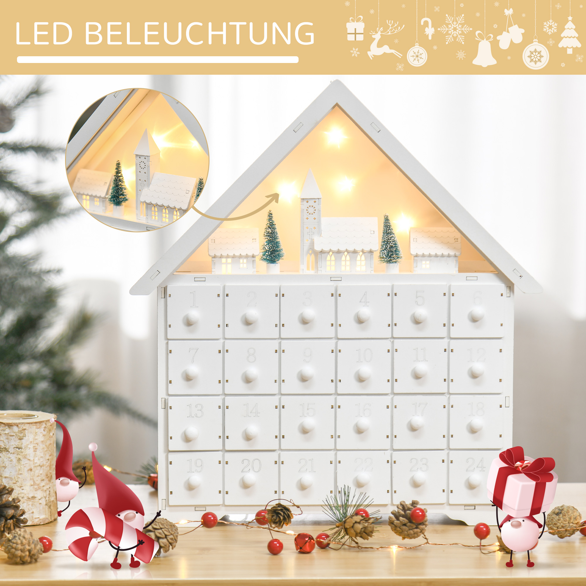 Advendikalender jõulukaunistus, 24 sahtliga, LED-tuled, 39 cm x 9 cm x 42 cm, valge + roheline