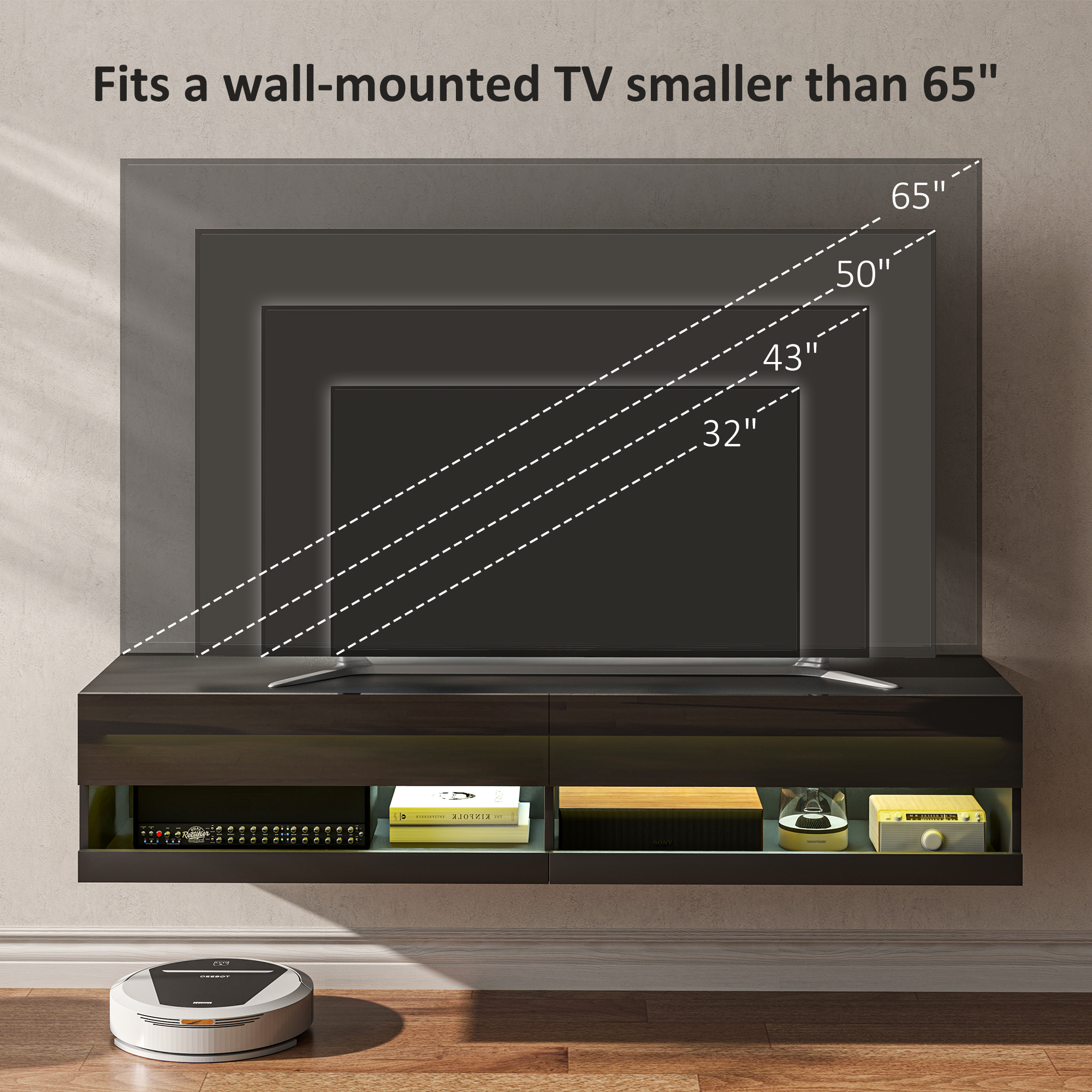 HOMCOM Floating TV Unit, Wall Mounted TV Cabinet for TVs up to 65", High Gloss Media Wall Unit with LED Lights, Storage Shelves for Living Entertainment Room, Black 8