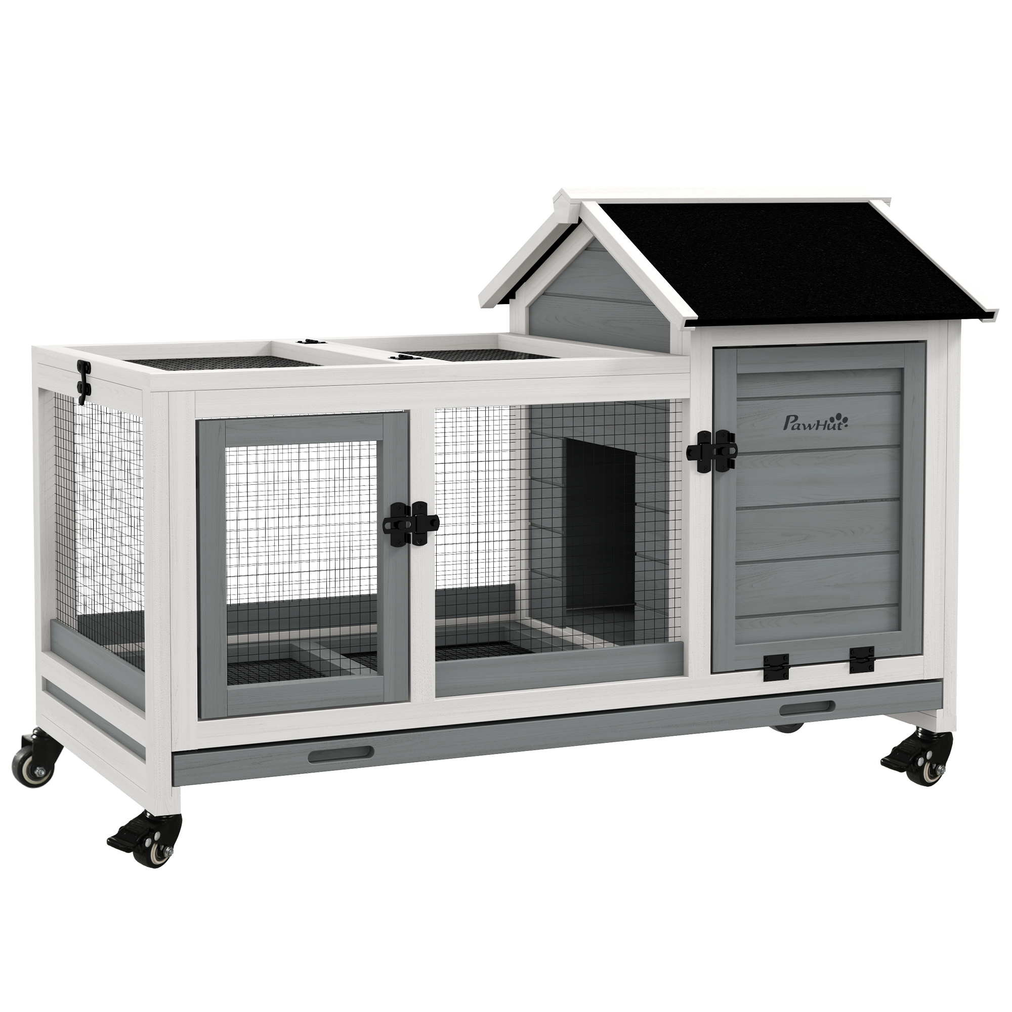 PawHut Wooden Rabbit Hutch, Guinea Pig Cage, with Removable Tray, Wheels - Brown