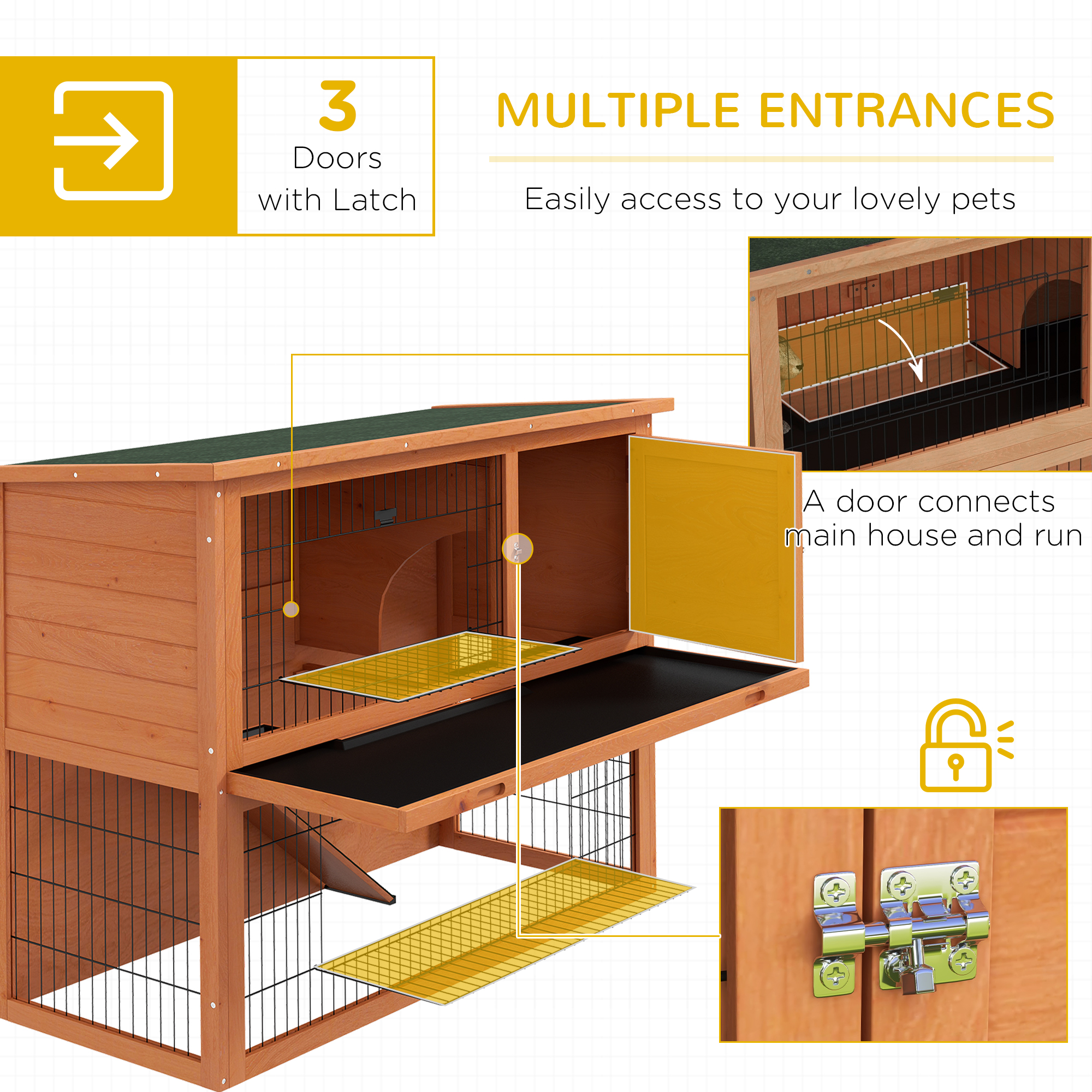 PawHut Two-Tier Antiseptic Wood Rabbit Hutch, 92cm Guinea Pig Hutch with Run Orange 4