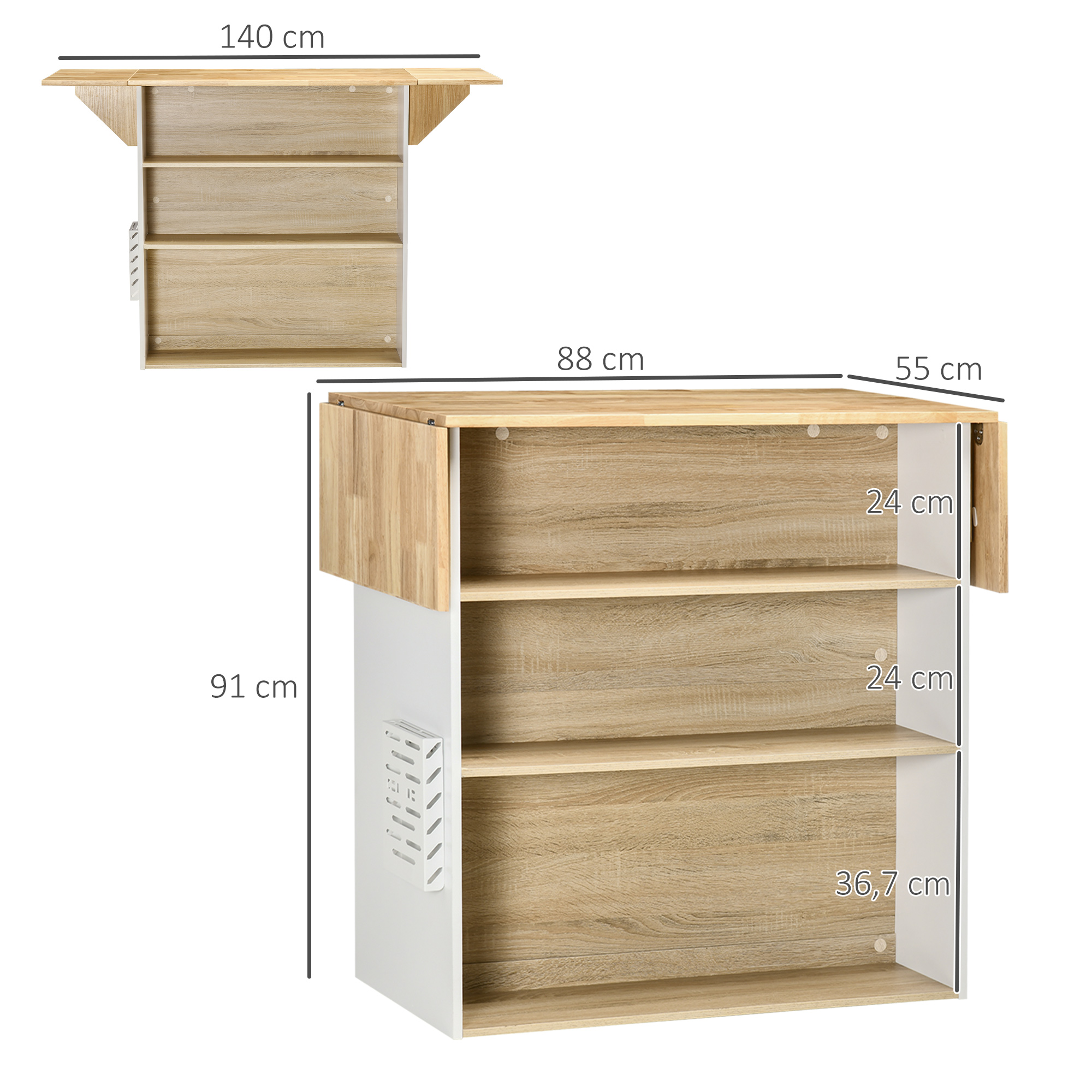 Îlot Central Cuisine Avec Rangement - 150x65x75cm, Plan De Travail Pliable, Prises Intégrées - Blanc - 7