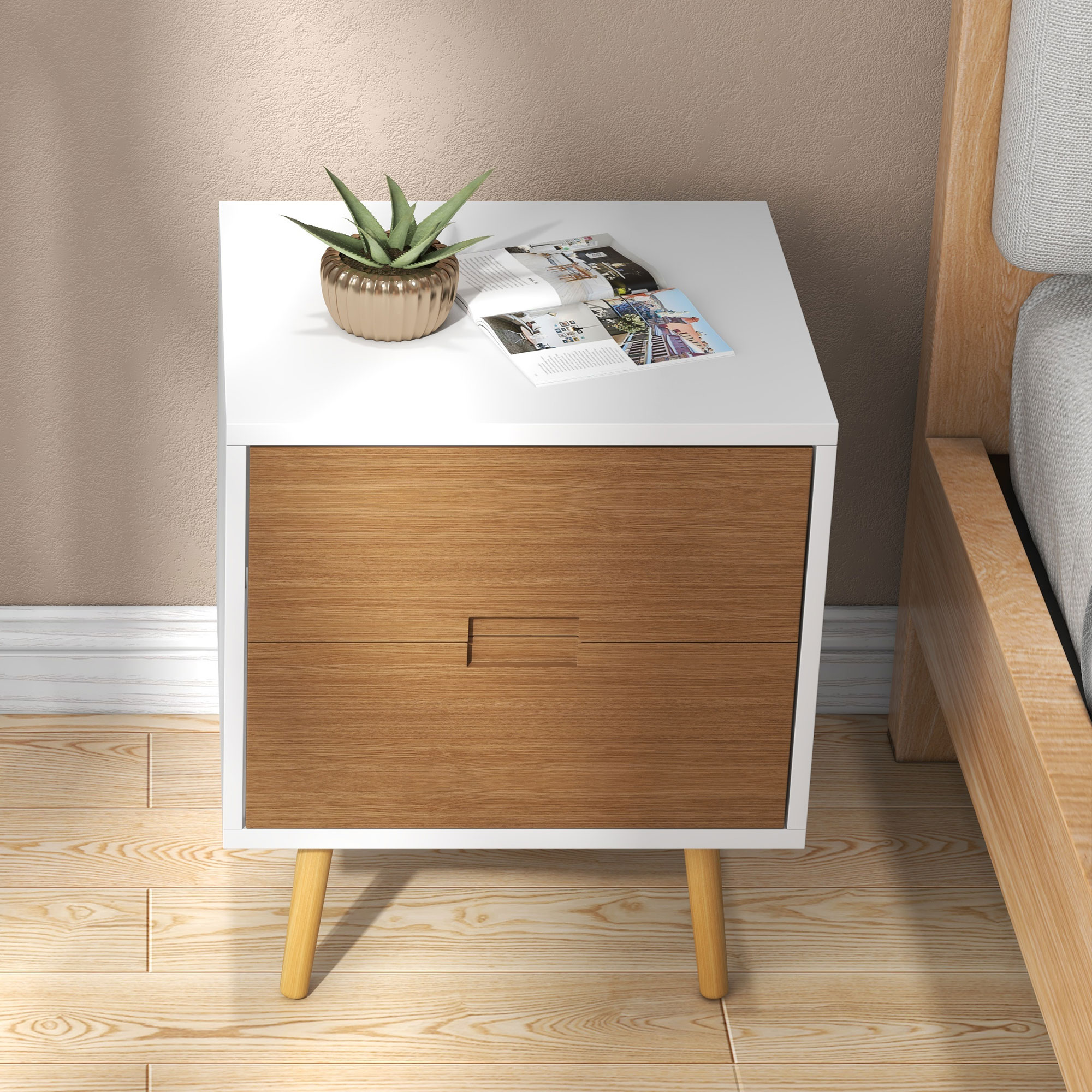 HOMCOM Wood Effect Wto-Drawer Bedside Table Brown/White 9
