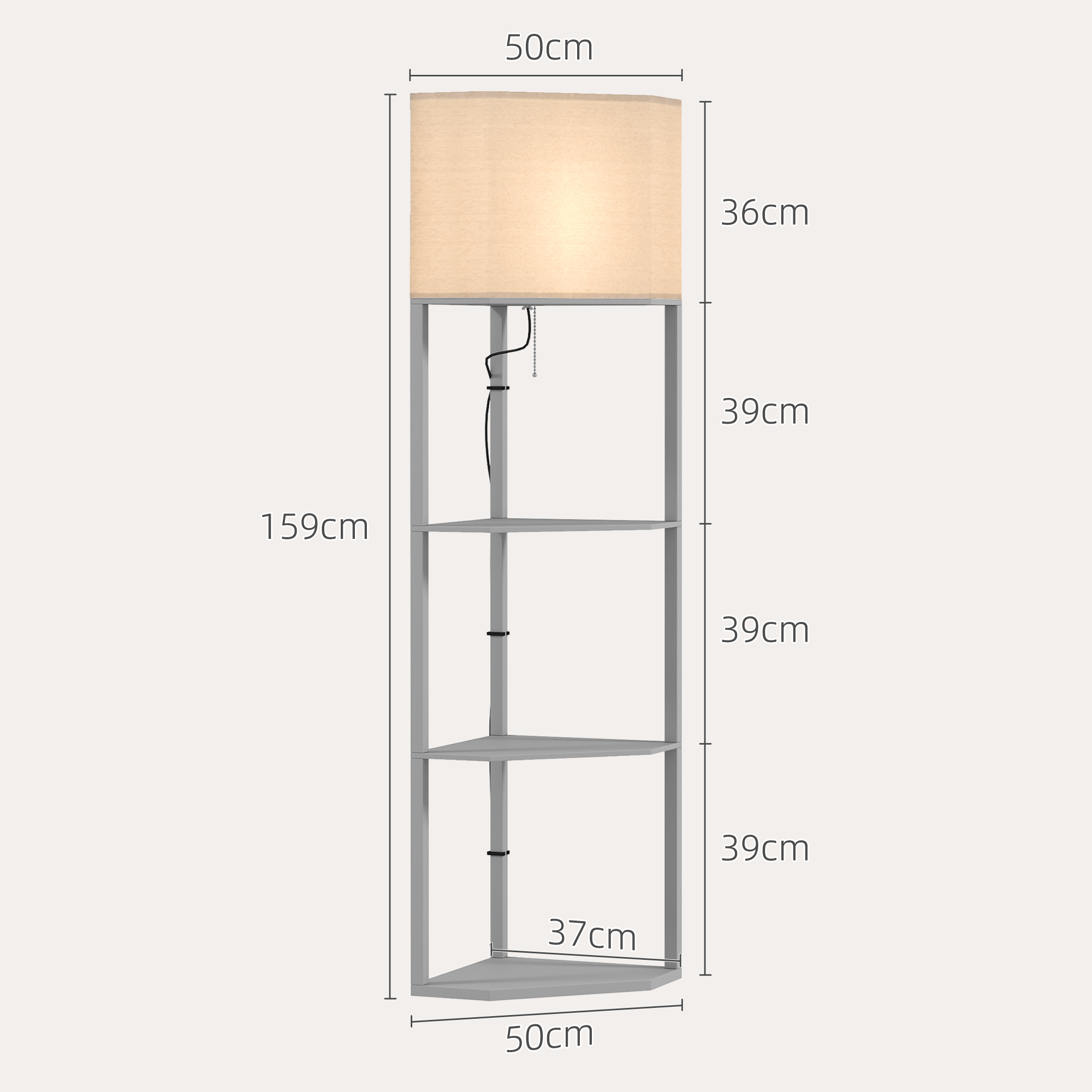 HOMCOM Corner Floor Lamp with Shelves, Tall Standing Lamps for Living Room, with Pull Chain Switch Bulb not Included, Grey 3