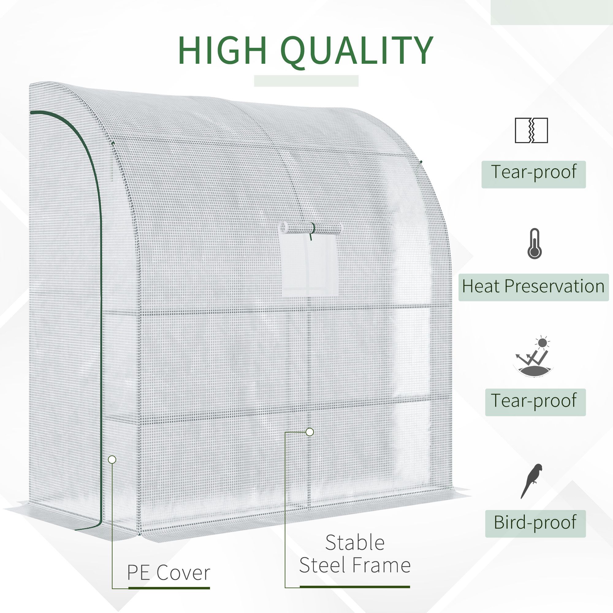 Outsunny Walk-In Lean to Wall Greenhouse with Windows and Doors, Outdoor Green House with 3 Tiers 4 Wired Shelves, 200L x 100W x 215Hcm, White 4
