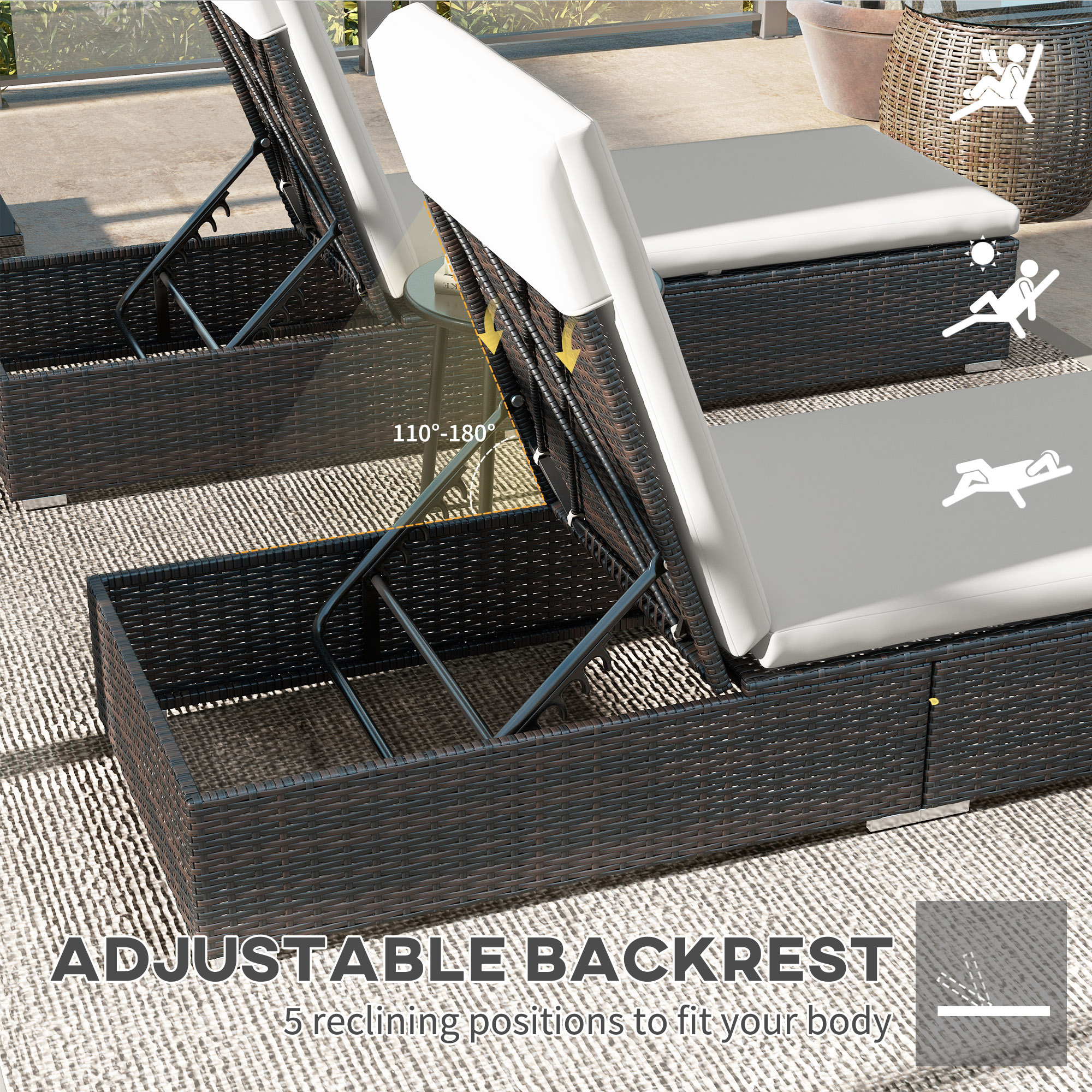 Outsunny Set of Two Rattan Sun Loungers, with Reclining Backs Brown/Cream 6