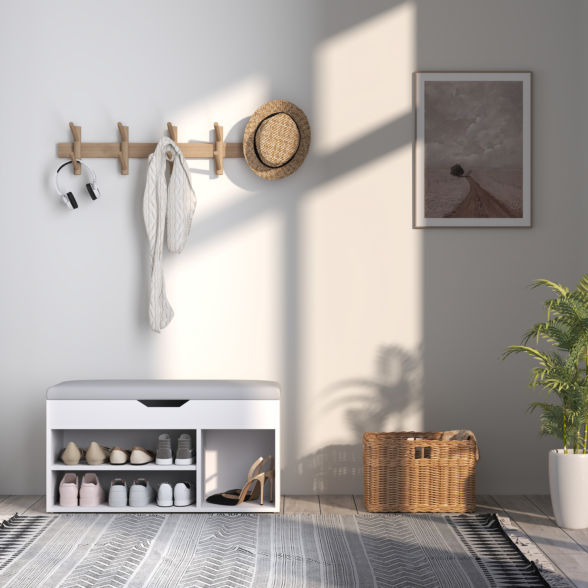 HOMCOM Shoes Cabinet Bench Hidden Storage Padded Seat Organiser Footwear Rack Hallway Cream White 8
