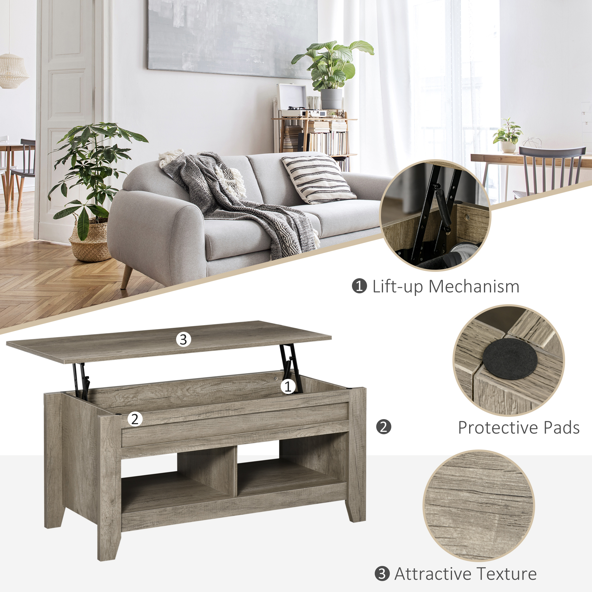 HOMCOM Lift Top Coffee Table w/ Hidden Storage Compartment Open Shelves Lift Tabletop Pop Up Centre Table for Living Room Oak Effect 6