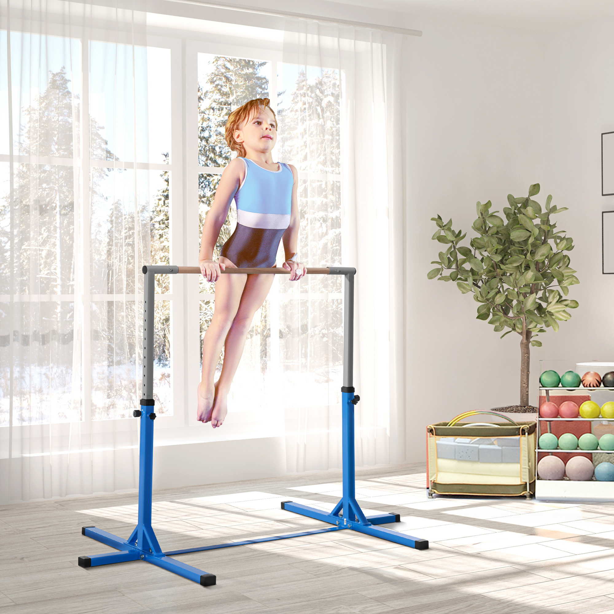 HOMCOM Height Adjustable Gymnastics Horizontal Bar for Kids, Children Junior Kip High Bar Fitness, Blue 2