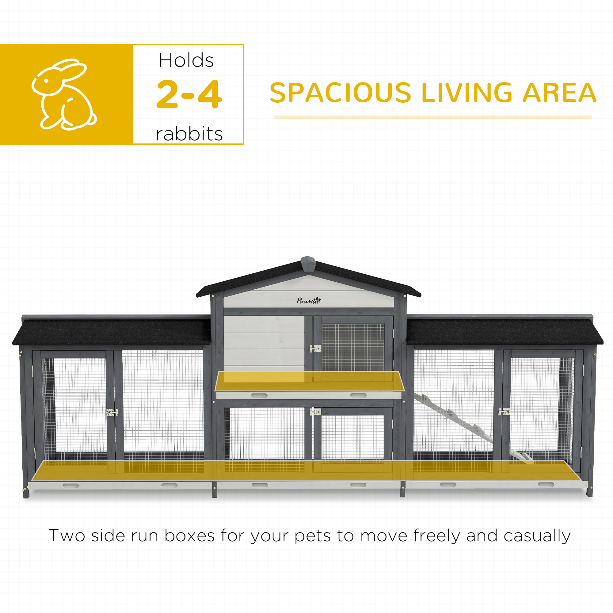 PawHut 2-Tier Large Rabbit Hutch Outdoor with Double Side Run Boxes, No-leak Plastic Tray, Ramp, 230 x 53 x 93.5cm, Light Grey 4