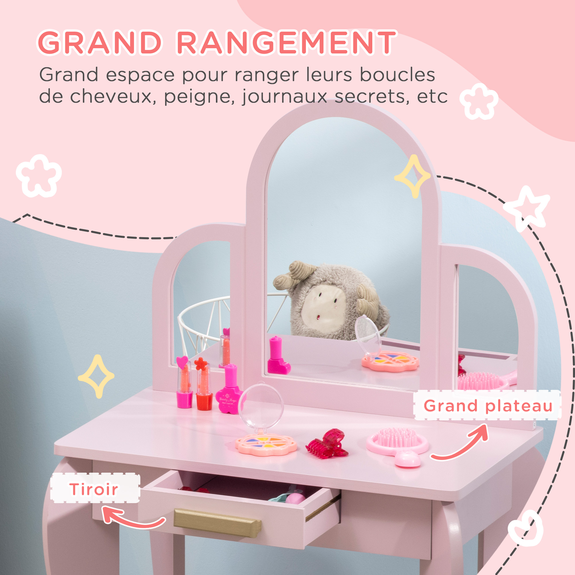 Coiffeuse Enfant AIYAPLAY Avec Tabouret - Rose, 4 Tiroirs, Dimensions 27.6x15.7x38.6 Pouces, à Monter