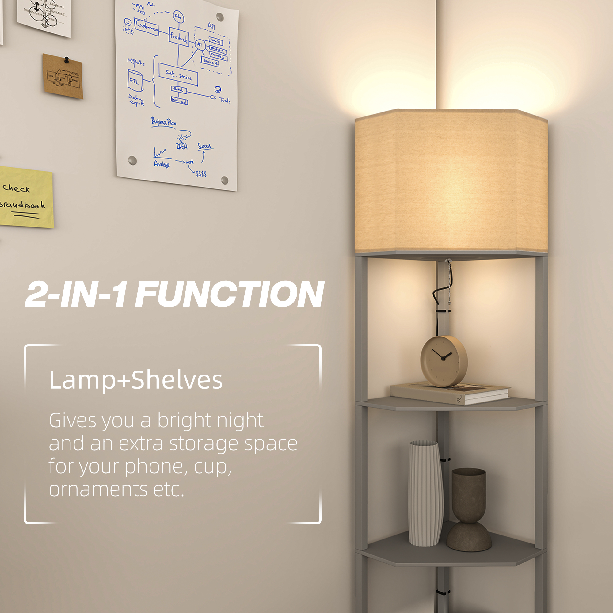 HOMCOM Corner Floor Lamp with Shelves, Tall Standing Lamps for Living Room, with Pull Chain Switch Bulb not Included, Grey 4