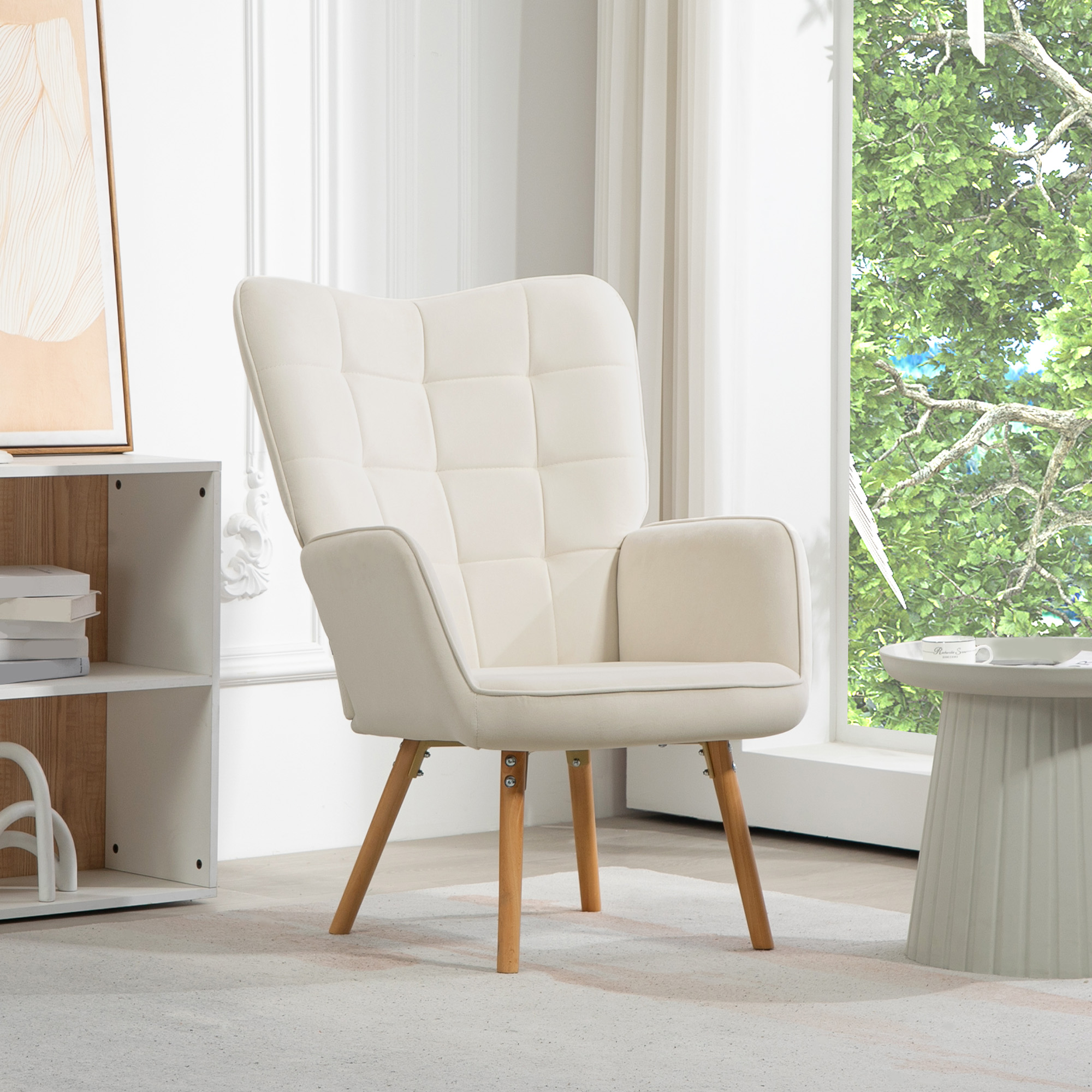 HOMCOM Modern Accent Chair, Upholstered Tufted Wingback Armchair with Seat Padding, Velvet Leisure Lounge Bedroom Chair with Wood Legs, Cream White 2