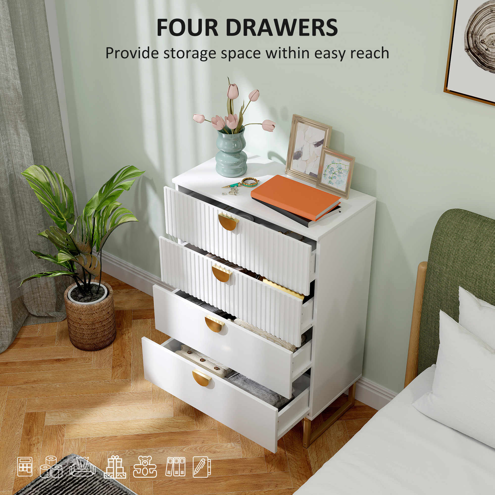 HOMCOM Elegant Chest of Four Drawers White 5