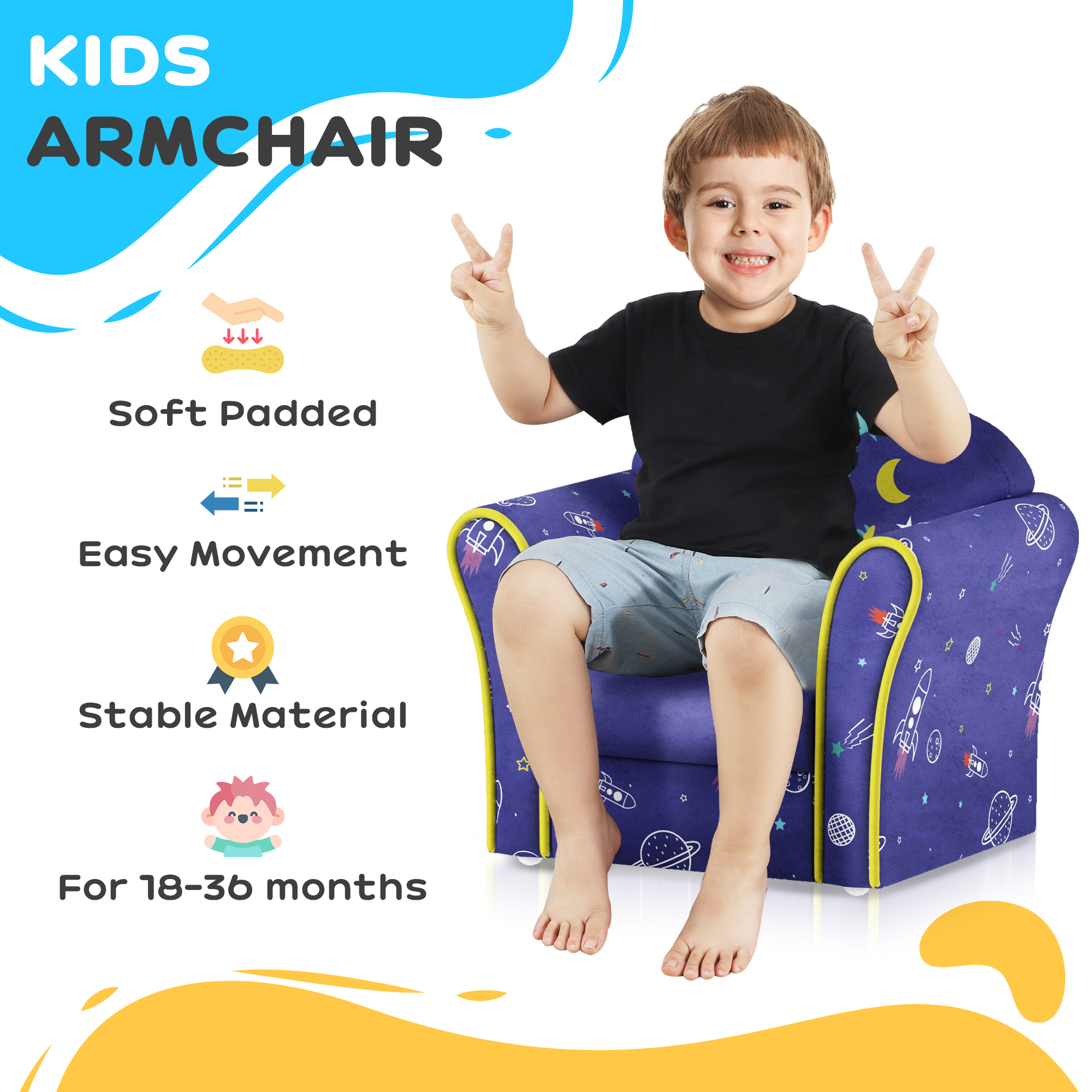AIYAPLAY Kids Armchair with Planet Dinosaurs Design, Wooden Frame, for Bedroom, Playroom, Kids Room Blue 7