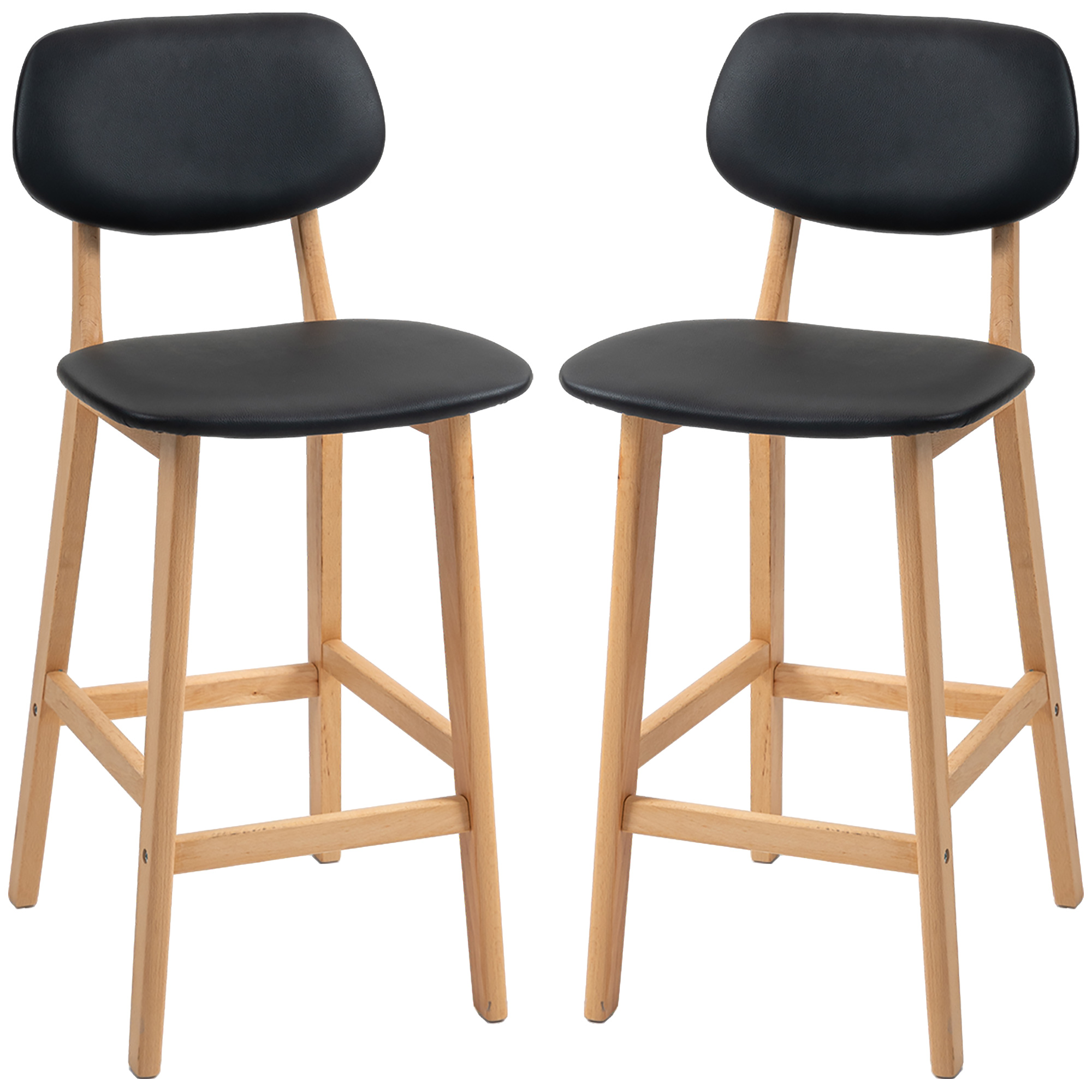 HOMCOM Lot de 2 tabourets de bar, chaises hautes, revêtement synthétique avec dossier et pieds en bois, noir