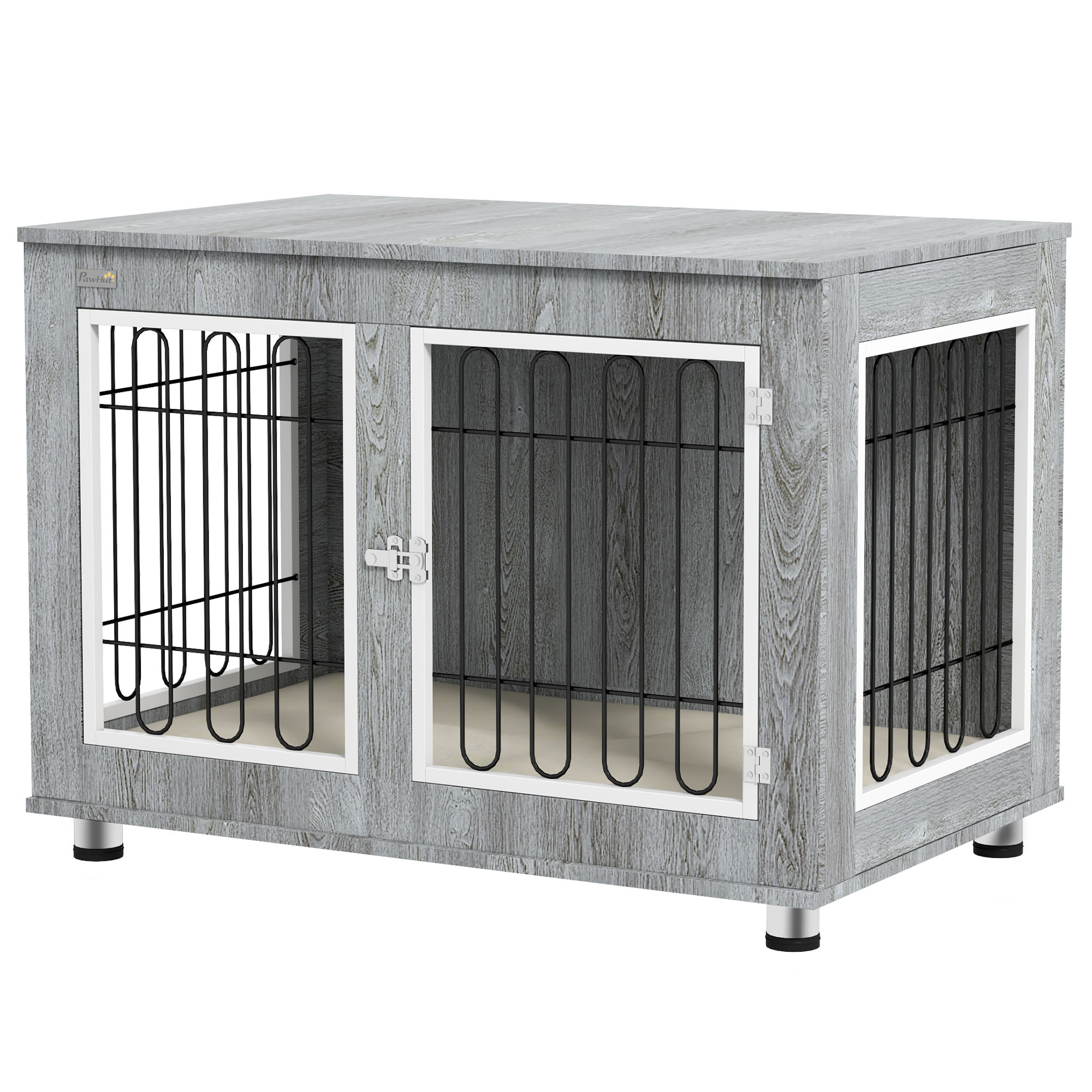 Comparer les prix de PawHut Cage pour chien animaux cage de chien sur pied avec coussin amovible acier aspect bois 90 x 58 x 65 cm gris