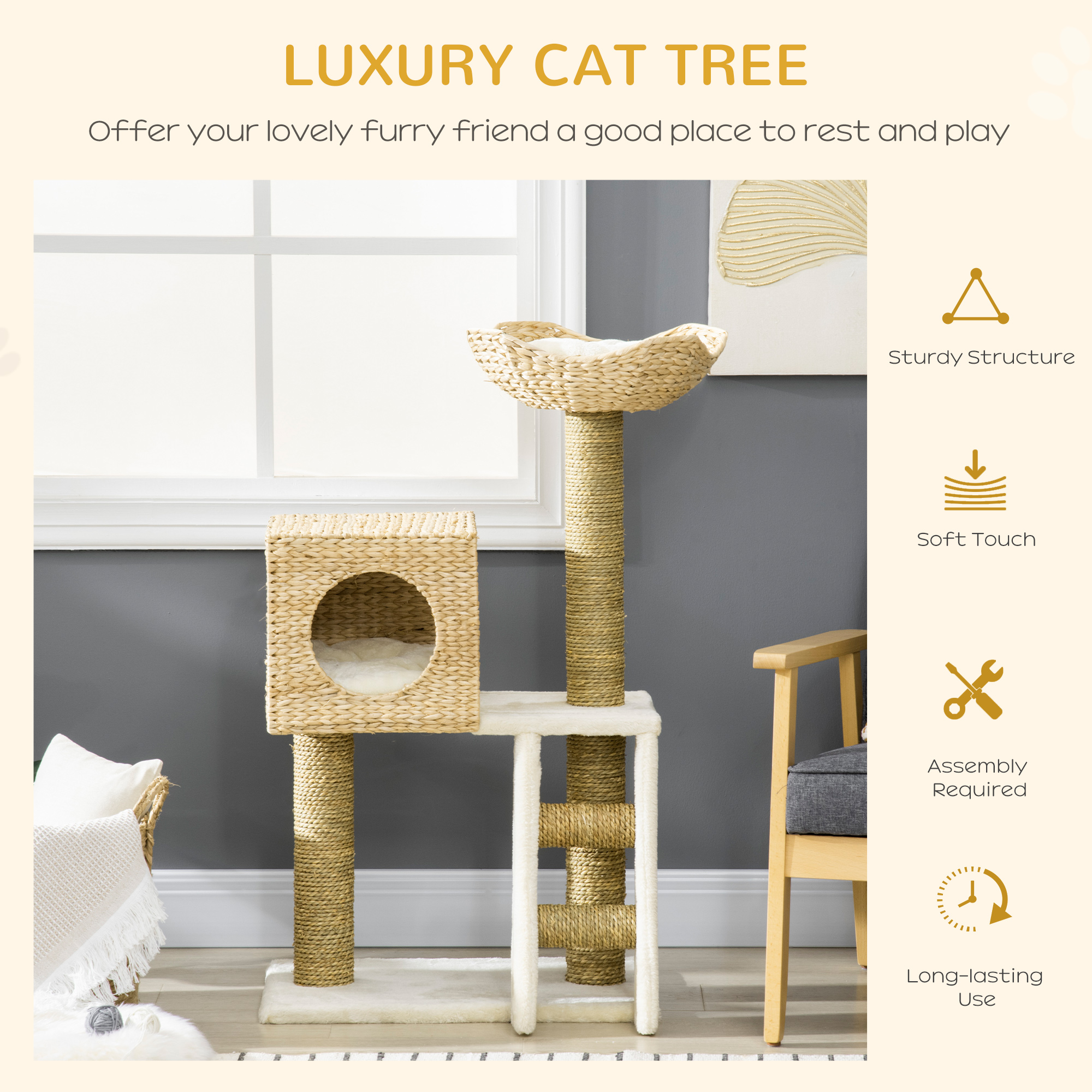 PawHut Cat Tree, with Scratching Posts, Bed, Cat House Natural Finish 4