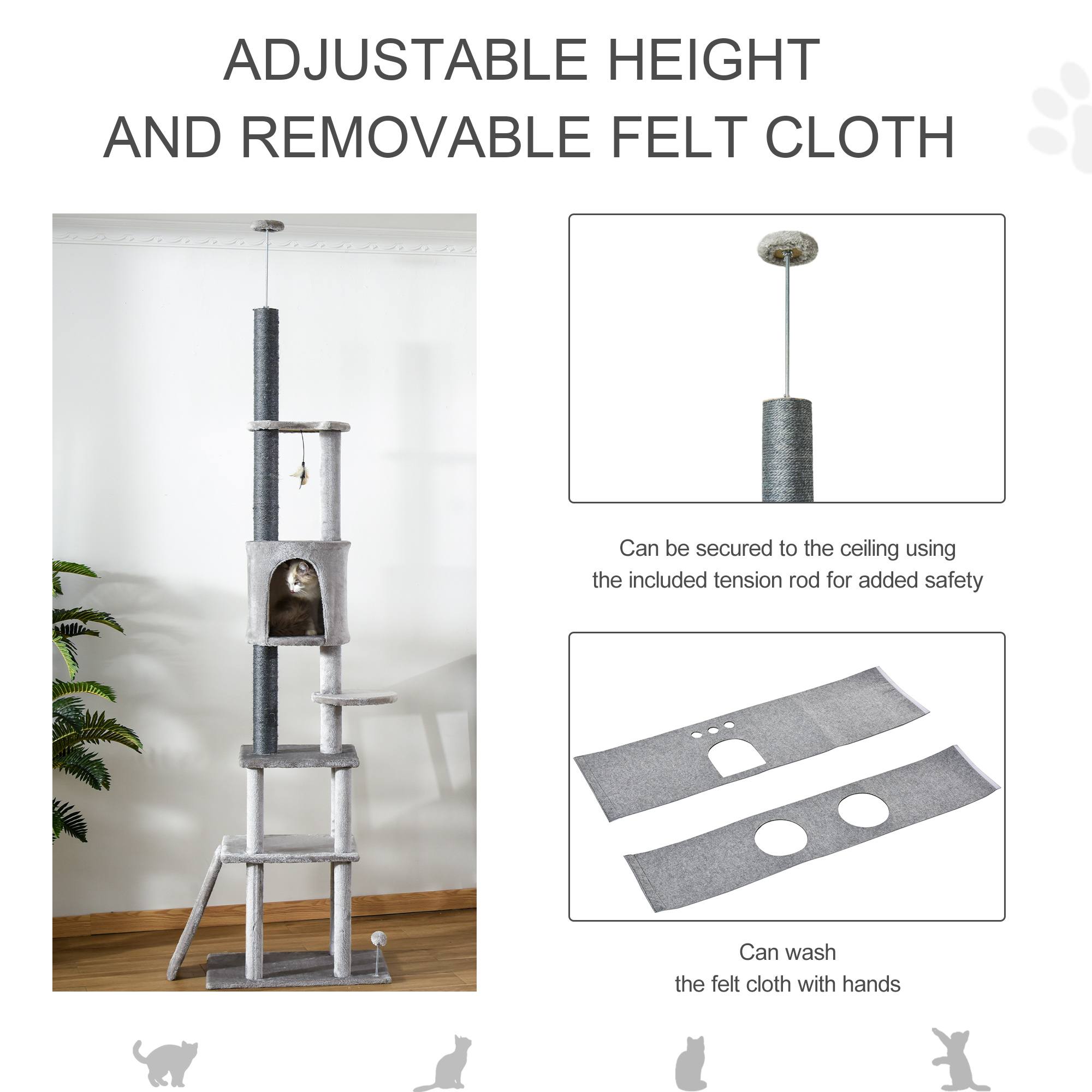 PawHut 255cm Floor To Ceiling Cat Tree for Indoor Cats Climber Scratching Post Adjustable Height Play Tower Removable Cover Grey 6