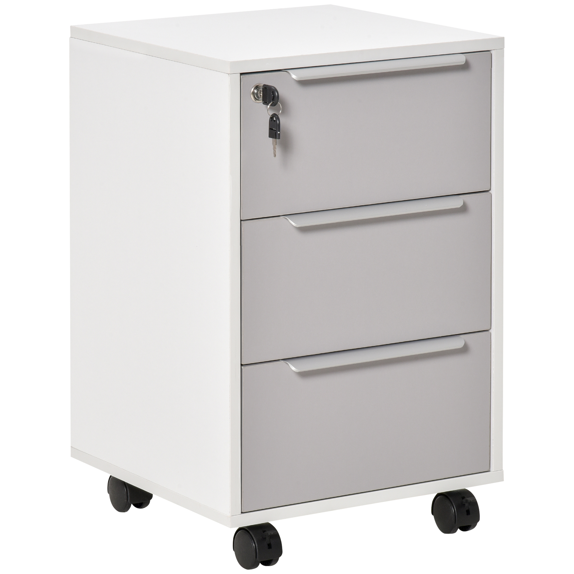 HOMCOM Cajonera Tipo Archivador Móvil de Oficina con 3 Cajones Cerradura Ruedas y Frenos para Documentos 40x40x63,5 cm Blanco y Gris   Aosom España