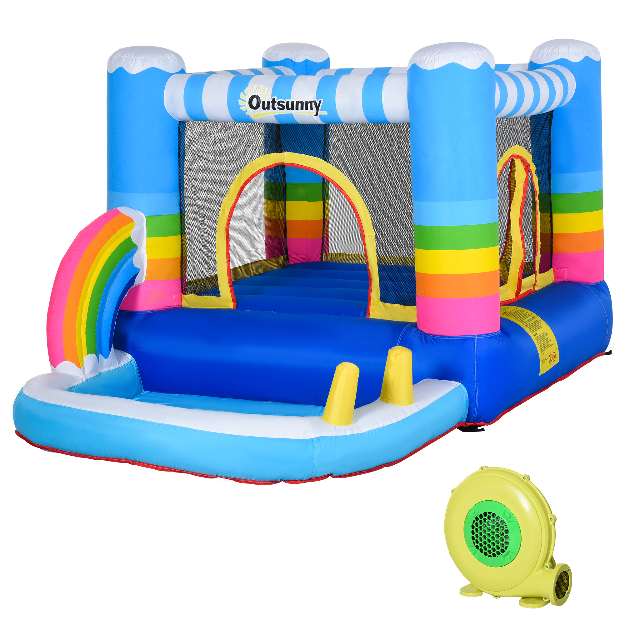 Outsunny Hüpfburg mit Rutsche und Gebläse, aufblasbare Wasserrutsche für 3 Kinder, Garten Springburg für 3-8 Jahre, mehrfarbig Aosom.de