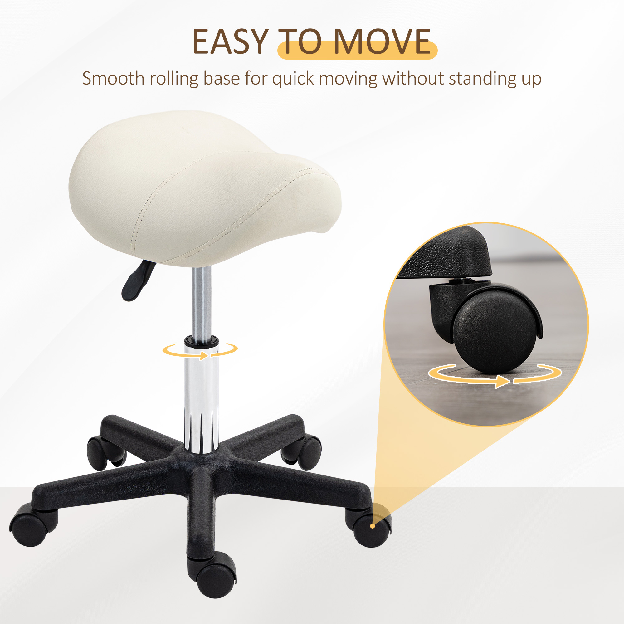 HOMCOM Saddle Stool, PU Leather Adjustable Rolling Salon Chair with Steel Frame for Massage, Spa, Beauty and Tattoo, White 5