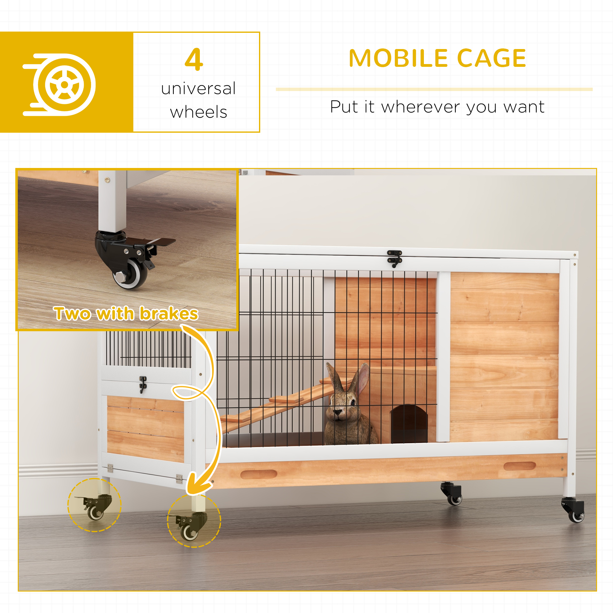 PawHut Wooden Guinea Pig Hutch, 2-Floor Bunny Cage w/ Enclosed Run Area, Yellow 7
