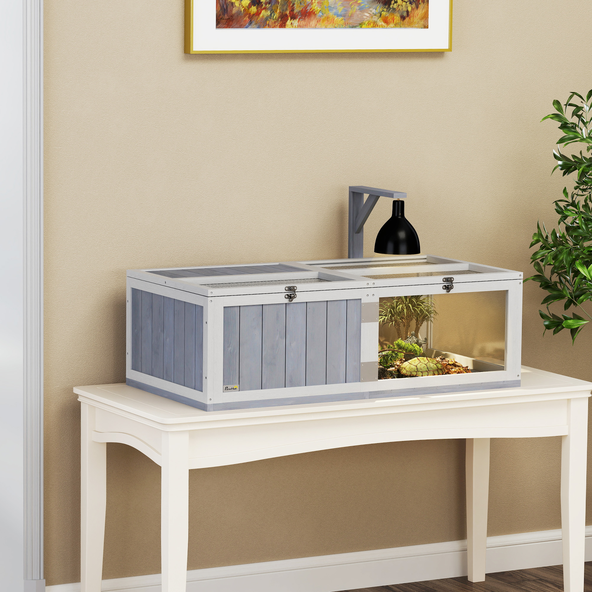 PawHut Wooden Tortoise Enclosure, Tortoise House w/ Lamp Holder, for Outdoor, Indoor, Light Grey
