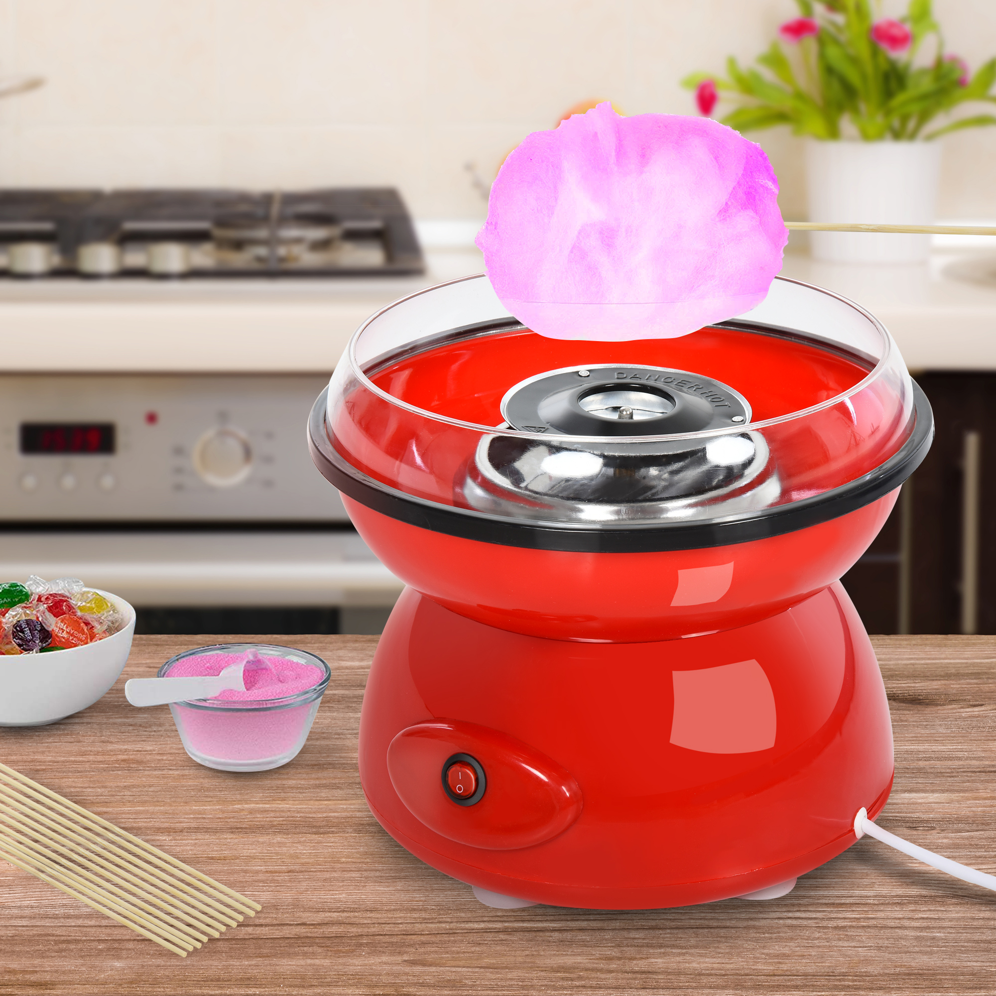 HOMCOM 450W Electric Candyfloss Machine Kit Non-Stick Plates Fairground Fun Children Adult Party Gift Home Sweet Metal Body w/ Accessories Red 2