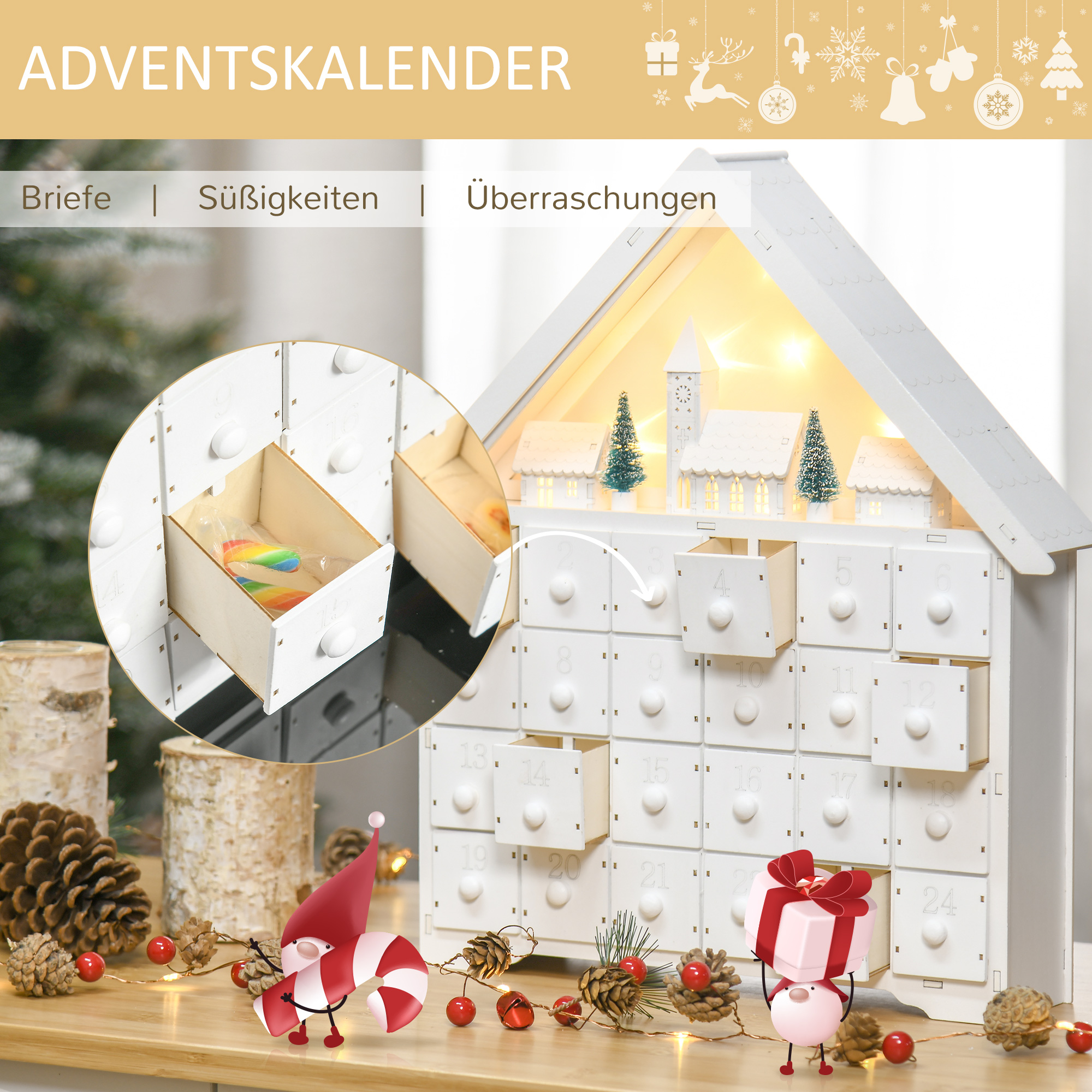Advendikalender jõulukaunistus, 24 sahtliga, LED-tuled, 39 cm x 9 cm x 42 cm, valge + roheline