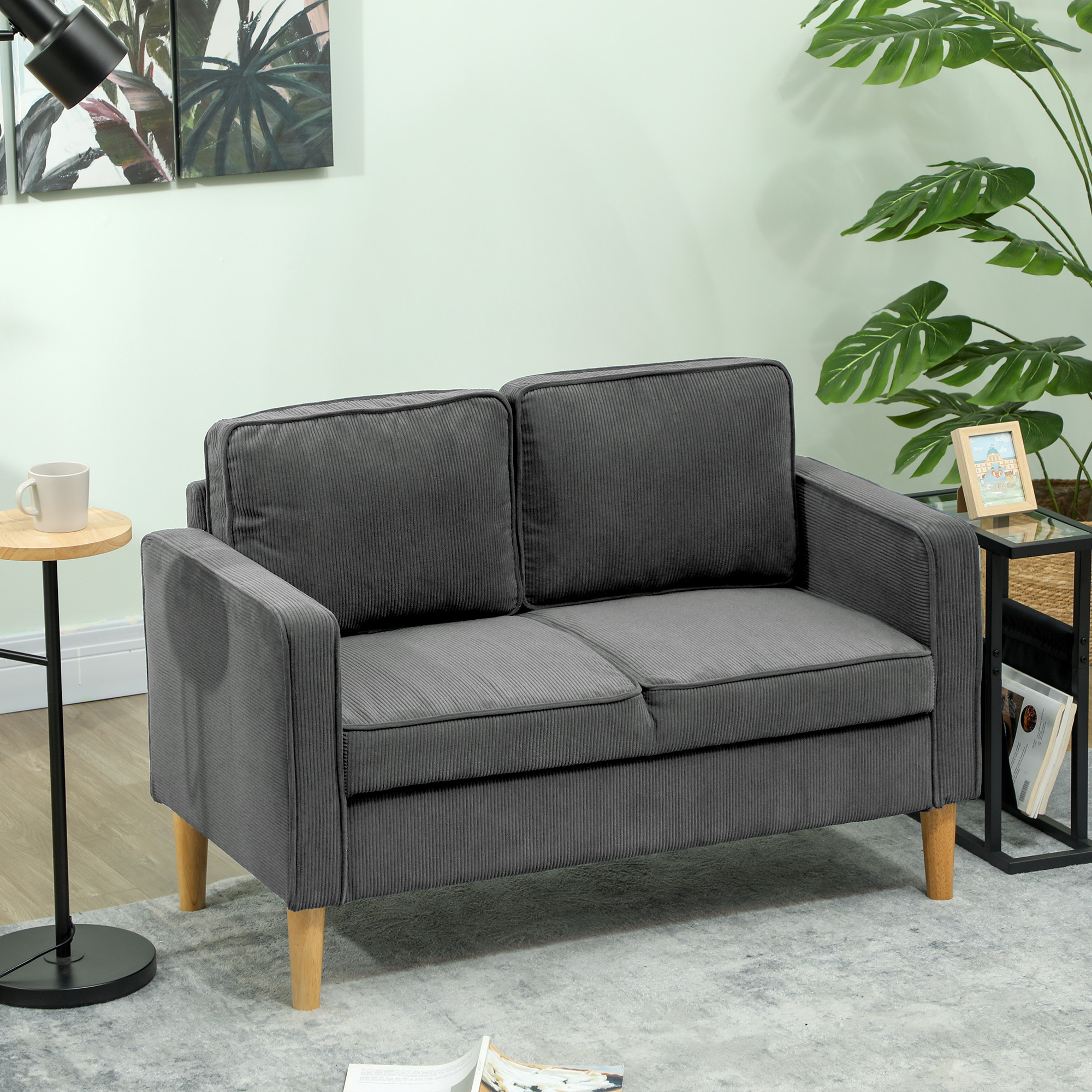 HOMCOM Small Two-Seater Corduroy Sofa Grey 2