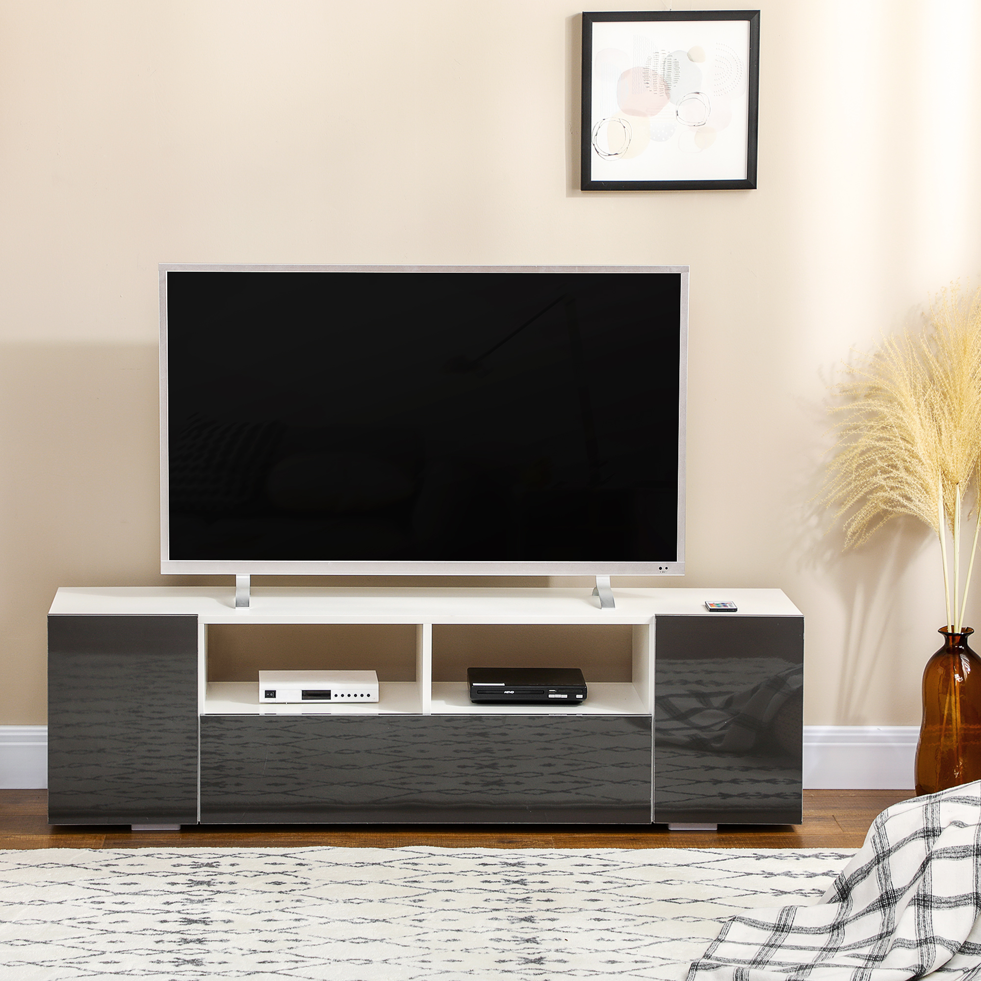HOMCOM 16 LED Light TV Stand, with Storage High Gloss Grey 2