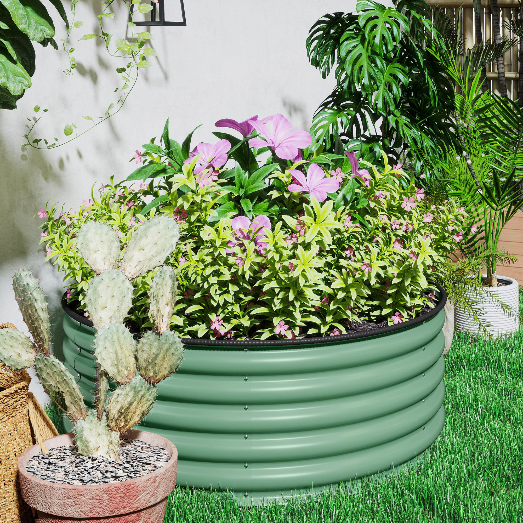 Outsunny Galvanised Raised Garden Bed with Safety Edging, Outdoor Raised Planter Box with Gloves, 120 x 120 x 43cm, Light Green 8