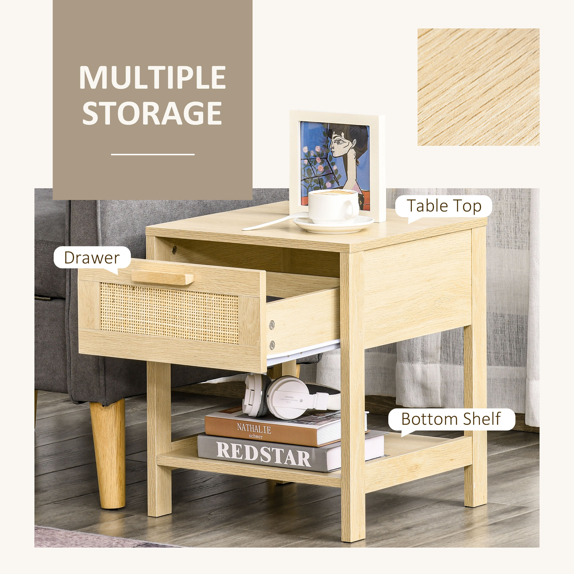 HOMCOM Bedside Table, Nightstand with Rattan Drawer and Storage Open Shelf, Farmhouse Side Table for Bedroom, Living Room, Set of 2 5