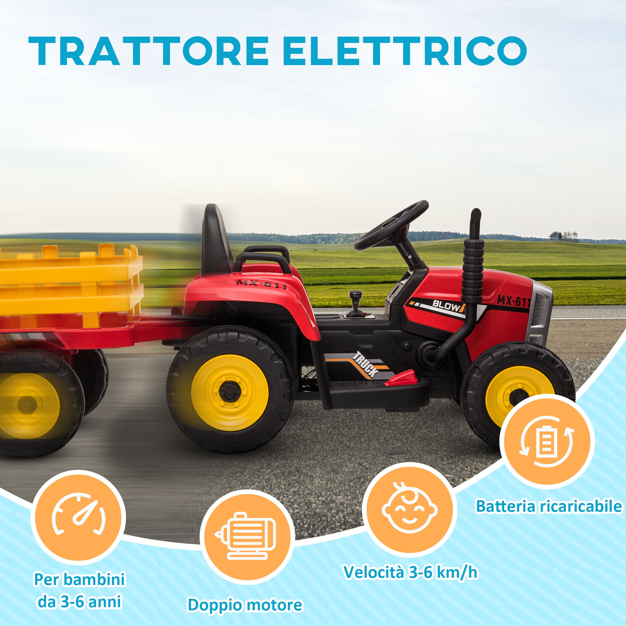 TRATTORE ELETTRICO PER BAMBINI 3-6 ANNI CON RIMORCHIO RIMOVIBILE