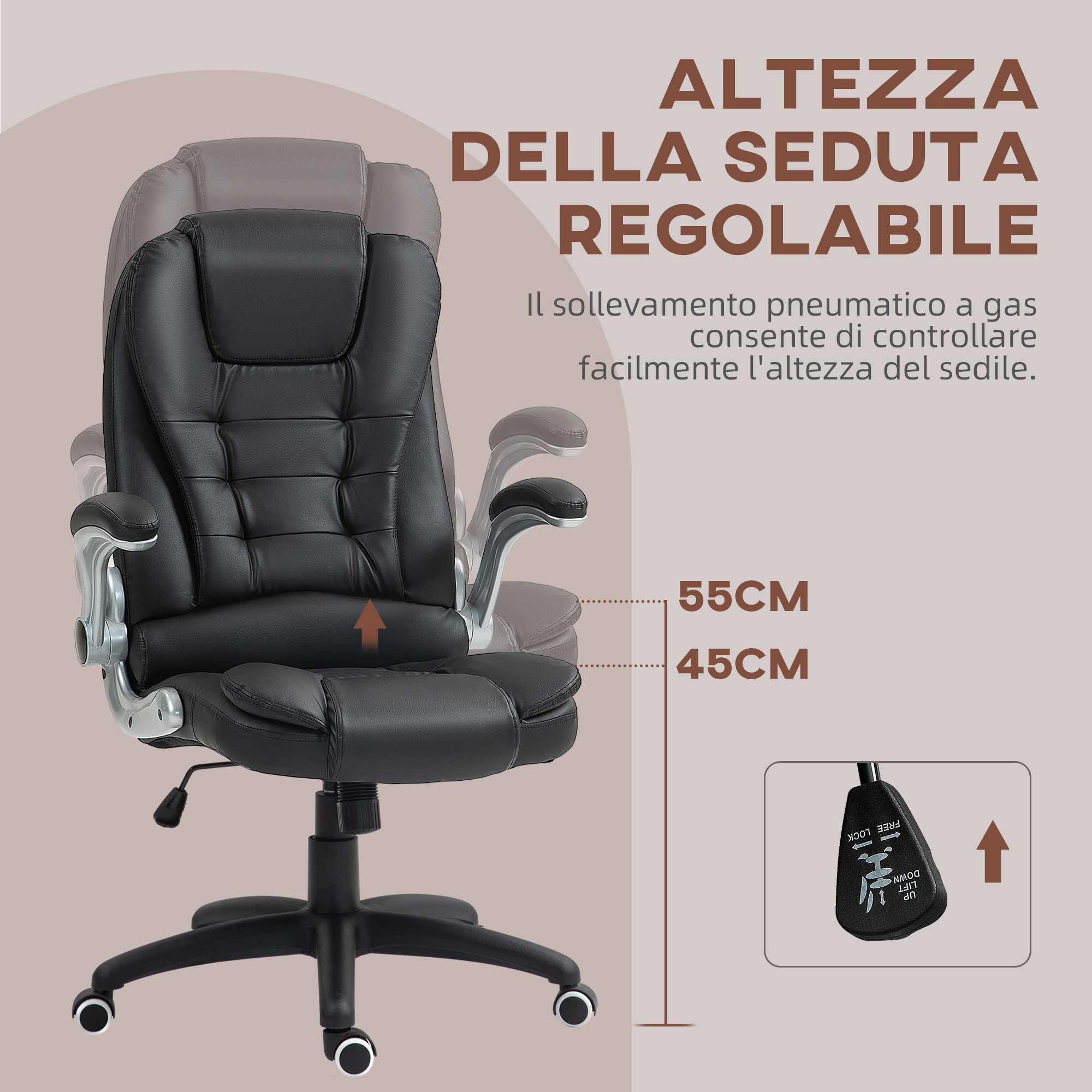 Sedia Da Ufficio Ergonomica HOMCOM Con Braccioli Ribaltabili - Pelle PU, Regolabile E Dondolo
