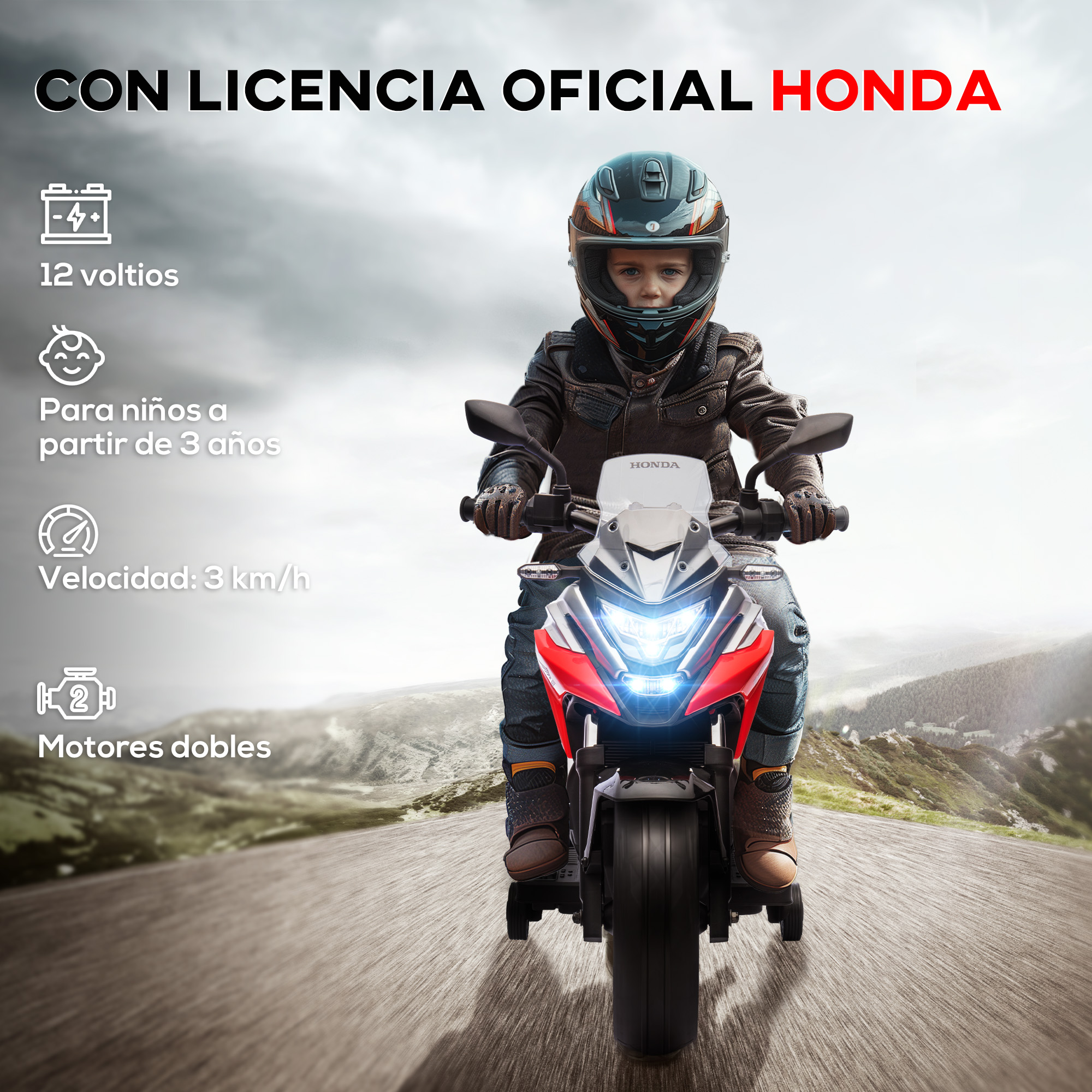 AIYAPLAY Moto Eléctrica Infantil Honda Con Licencia Oficial – 12V, Velocidad 3 Km/h, Luces, USB, MP3 Y Ruedas De Apoyo – Para Niños De +3 Años – Hasta 30 Kg – Rojo