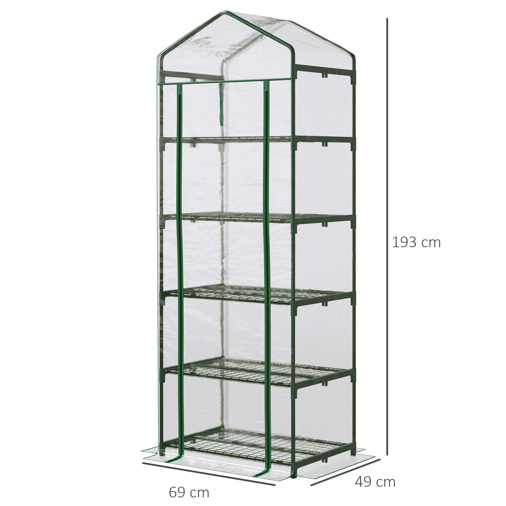 Outsunny 5 Tier Mini Greenhouse, Small Walk-in Greenhouse with Reinforced Plastic Cover, Garden Grow House with Roll Up Door and Shelves, 69 x 49 x 193cm, Green 3