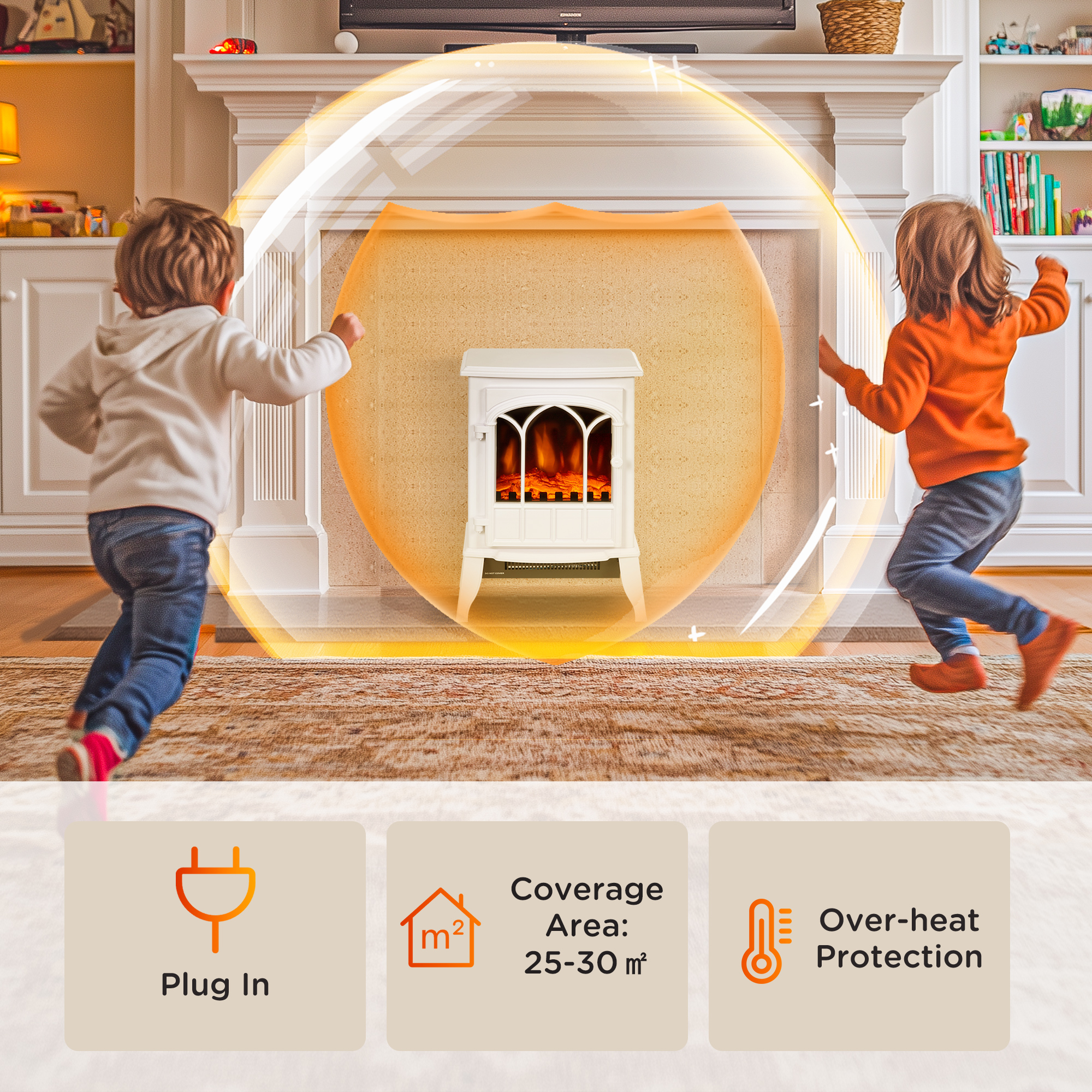 HOMCOM Freestanding Electric Fireplace, Electric Log Burner with LED Flame Effect, Overheating Safety System, 1000W/2000W White 6