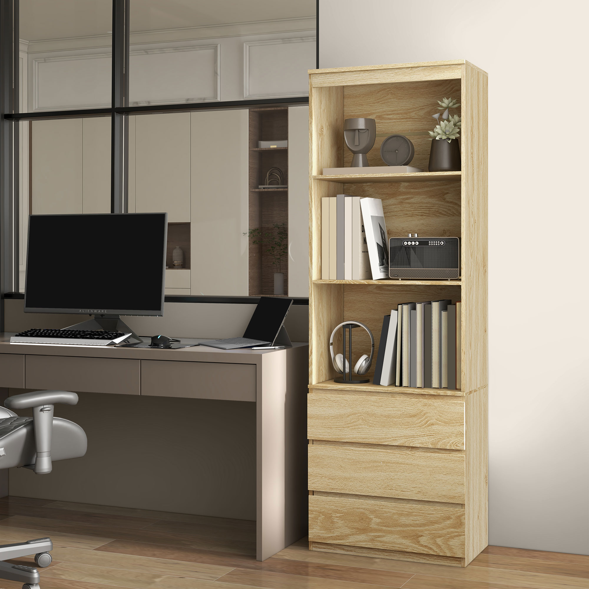 HOMCOM 180cm Tall Bookcase, with Shelves and Drawers Wood Effect 6