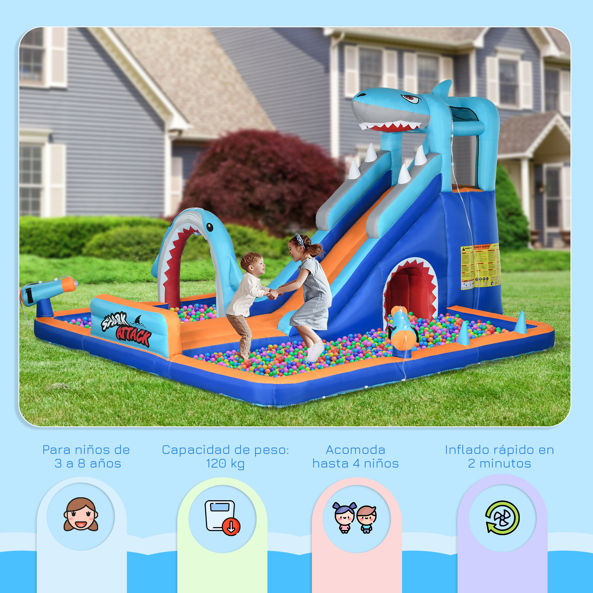 Outsunny Castillo Hinchable 6 En 1 Con Tobogán, Piscina Y Muro De Escalada | Temática Tiburón Para Niños De 3 A 8 Años | Incluye Bomba Y Bolsa
