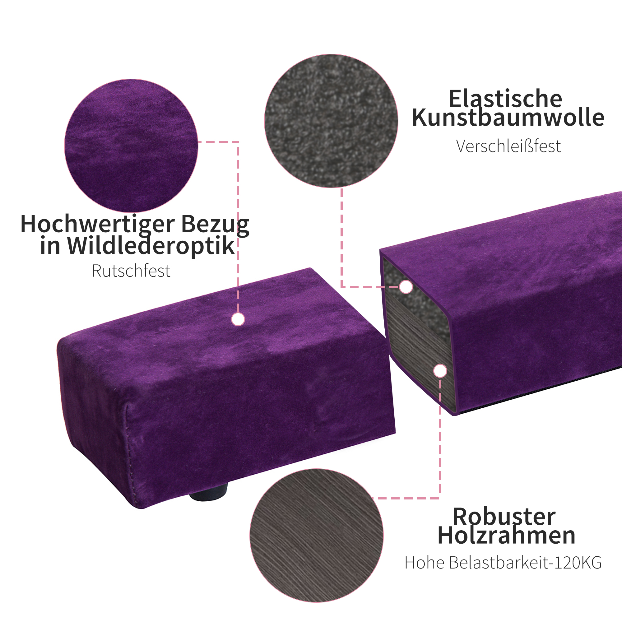 Kokkupandav tasakaalupoom, libisemiskindel, seemisnahast kate, vastupidav puit, 210 x 10 x 6,5 cm, violetne
